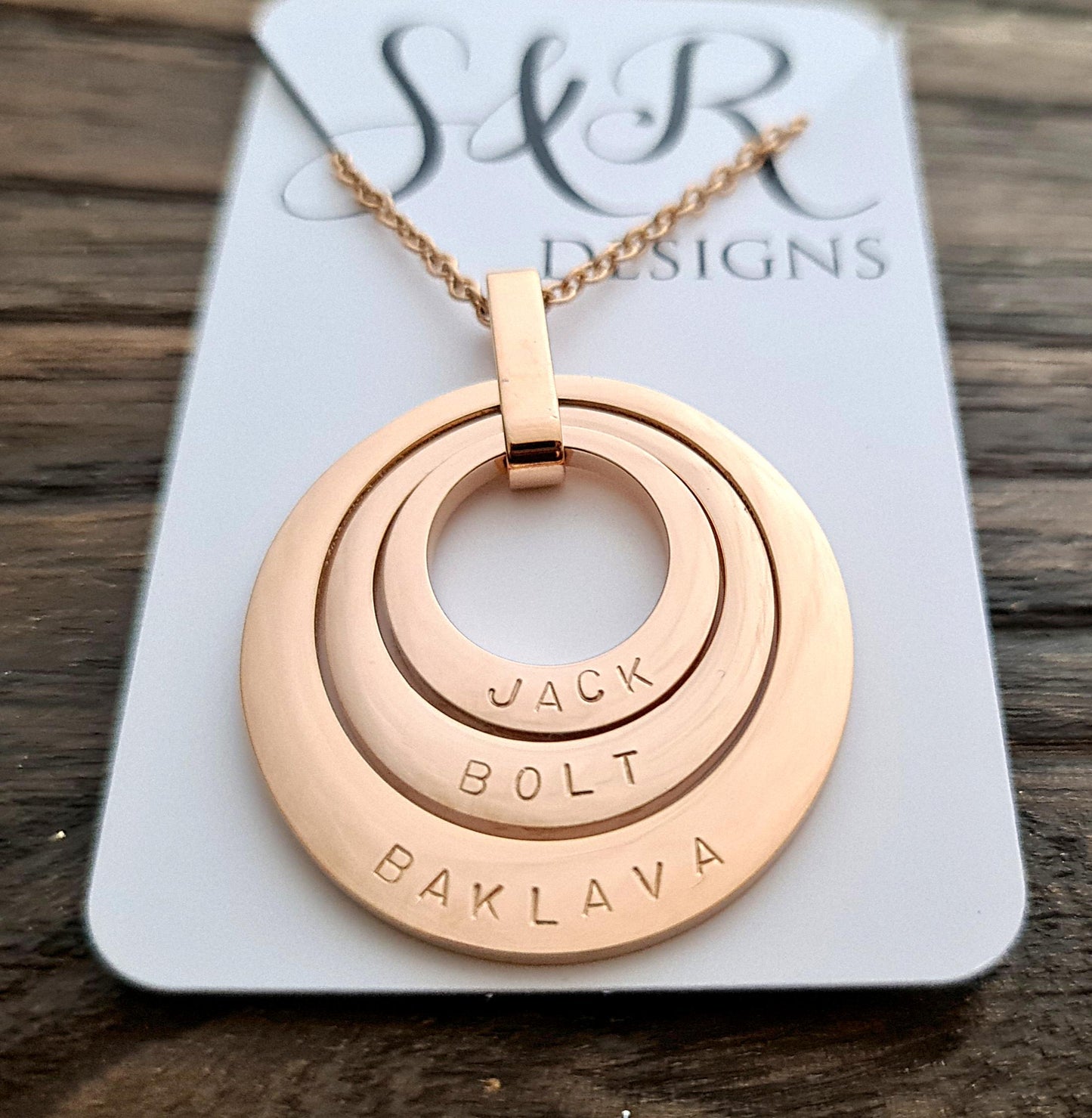 Personalized Necklace, Three Offset Oval Hand Stamped Name Necklace, add names or words Stainless Steel. Choose Gold or Rose Gold
