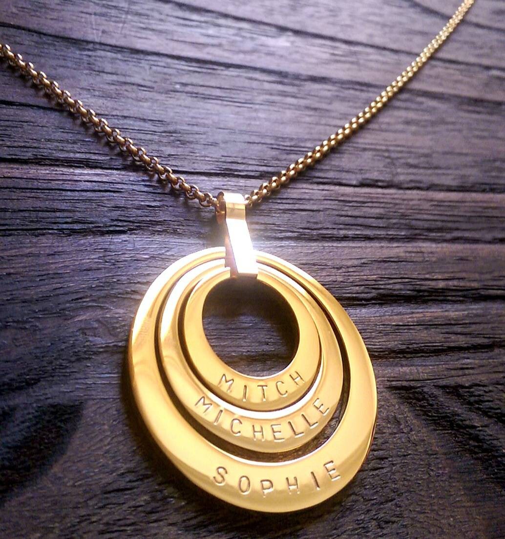 Personalized Necklace, Three Offset Oval Hand Stamped Name Necklace, add names or words Stainless Steel. Choose Gold or Rose Gold