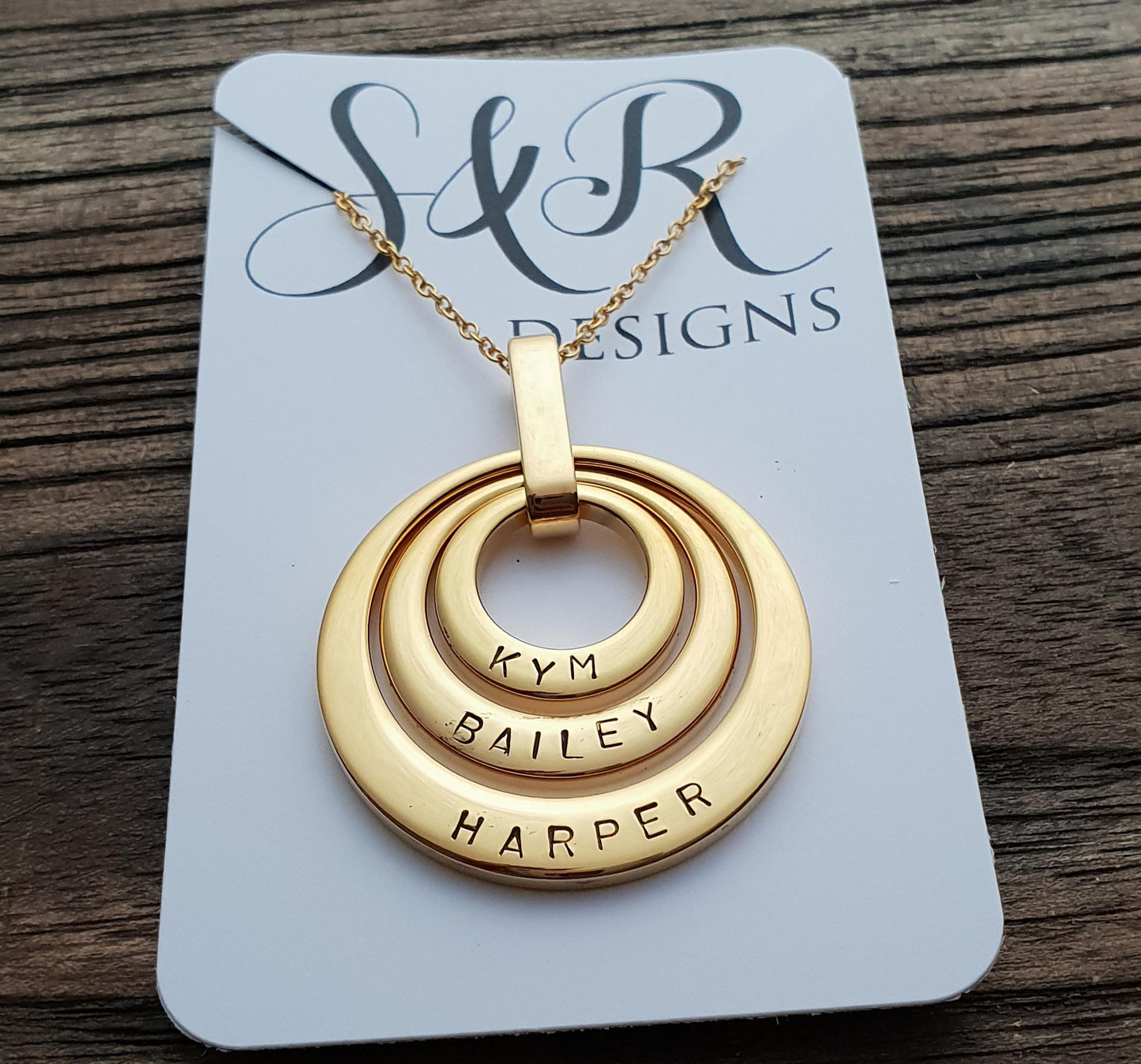 Personalized Necklace, Three Offset Oval Hand Stamped Name Necklace, add names or words Stainless Steel. Choose Gold or Rose Gold