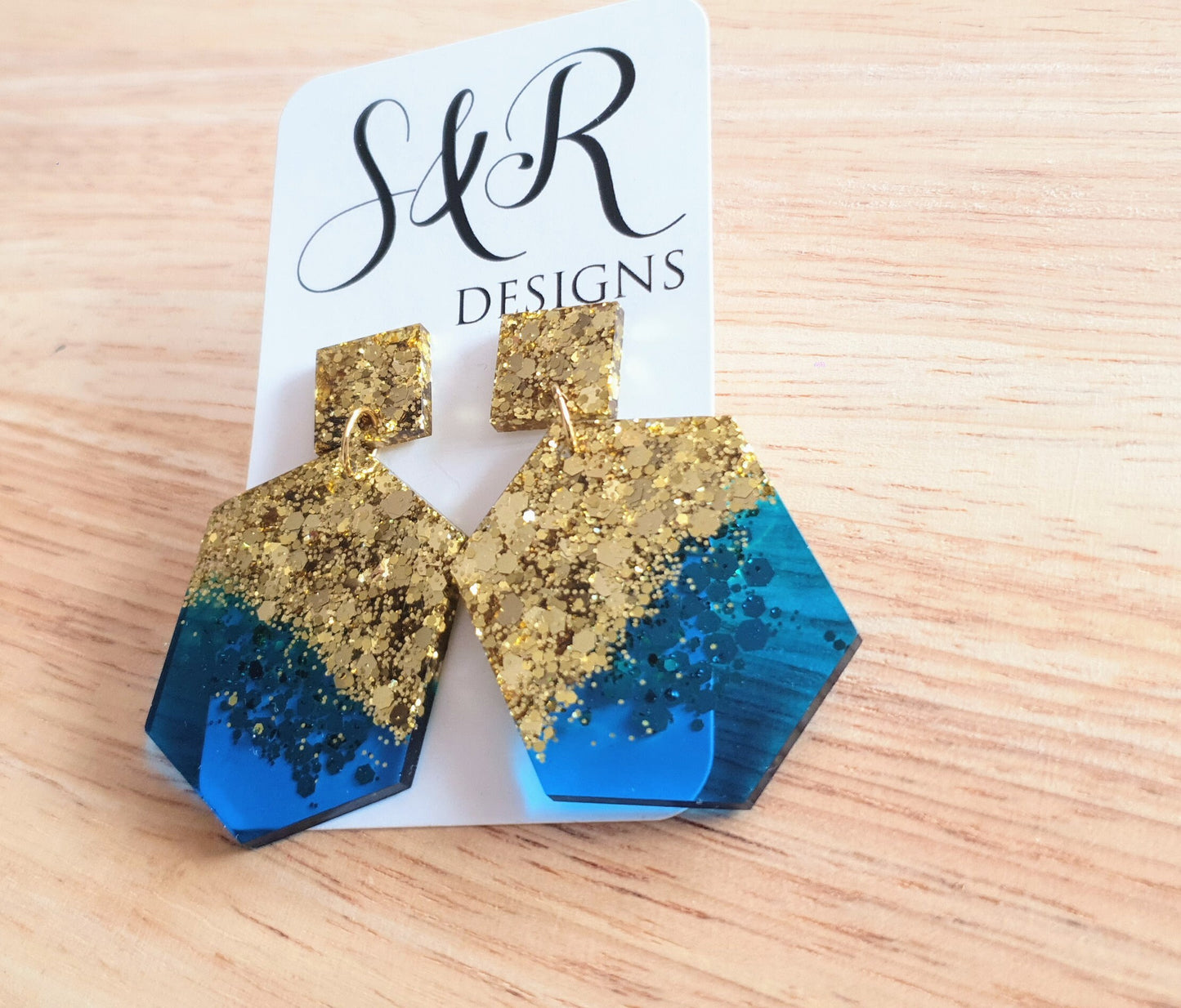 Brilliant Blue Hexagon Square Dangle Gold Drop Earrings, Blue Resin with Gold Glitter Handmade Post Earrings, Statement Jewellery Lover