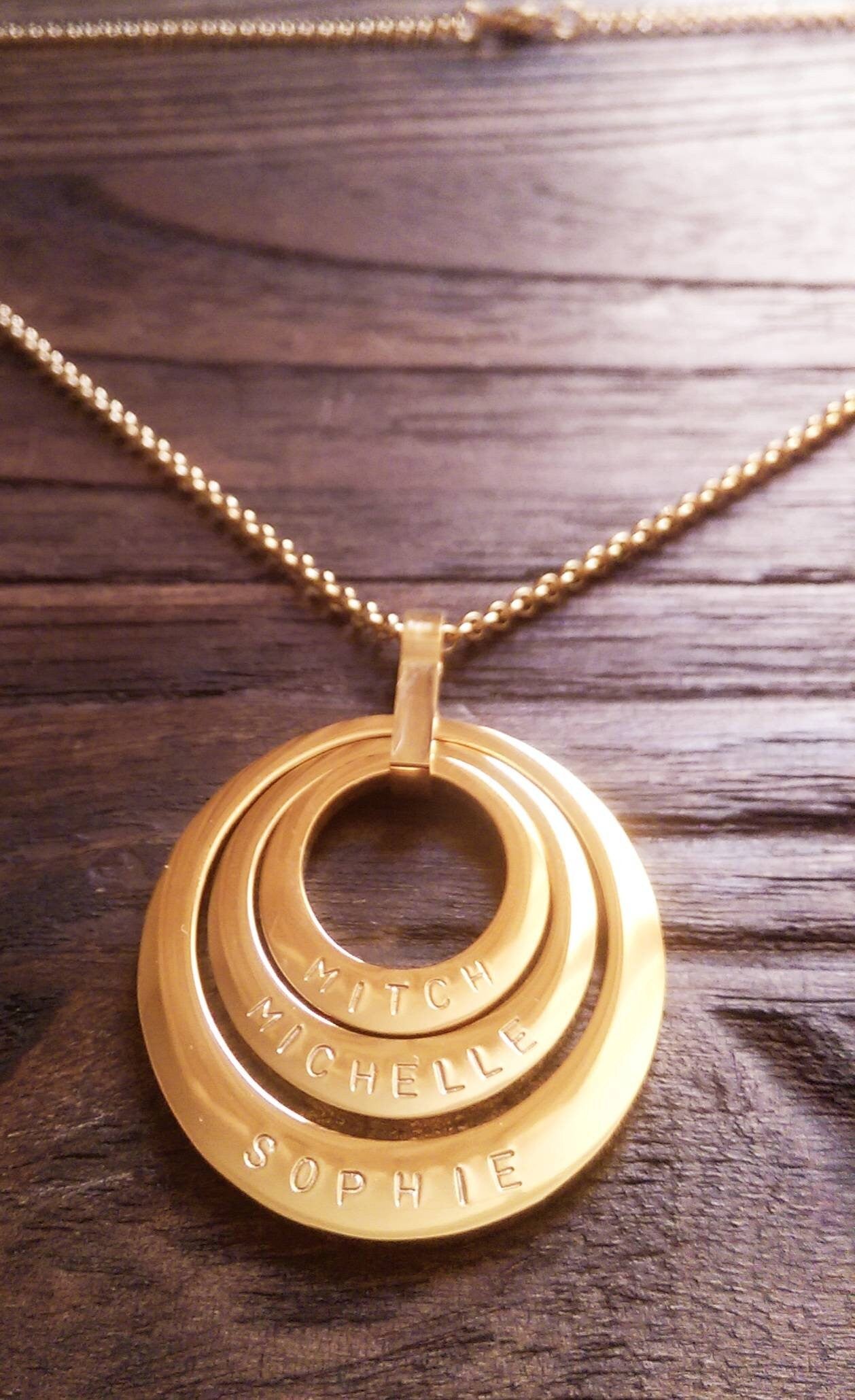 Personalized Necklace, Three Offset Oval Hand Stamped Name Necklace, add names or words Stainless Steel. Choose Gold or Rose Gold
