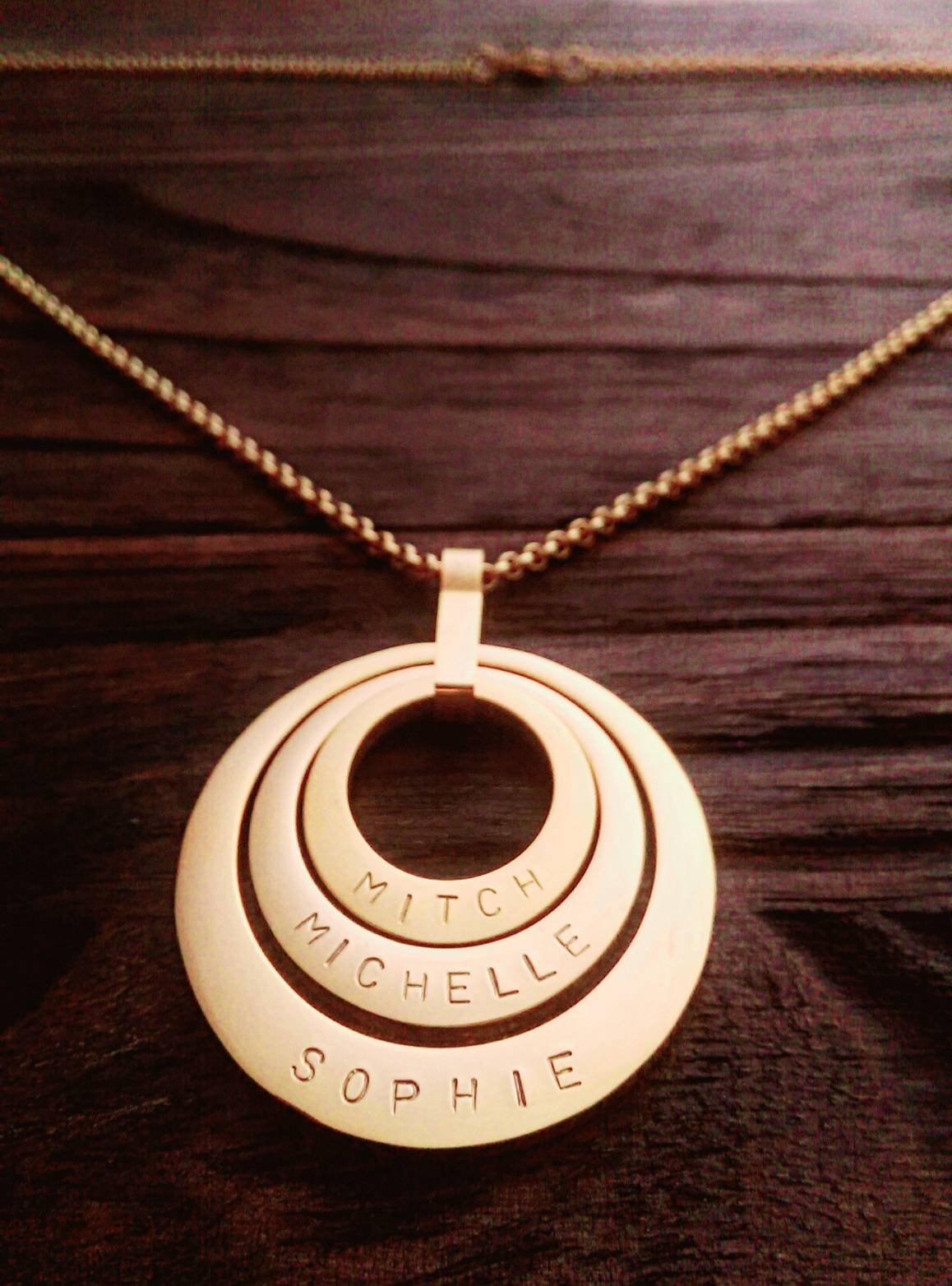 Personalized Necklace, Three Offset Oval Hand Stamped Name Necklace, add names or words Stainless Steel. Choose Gold or Rose Gold