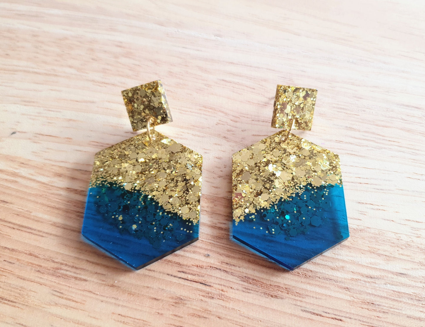 Brilliant Blue Hexagon Square Dangle Gold Drop Earrings, Blue Resin with Gold Glitter Handmade Post Earrings, Statement Jewellery Lover