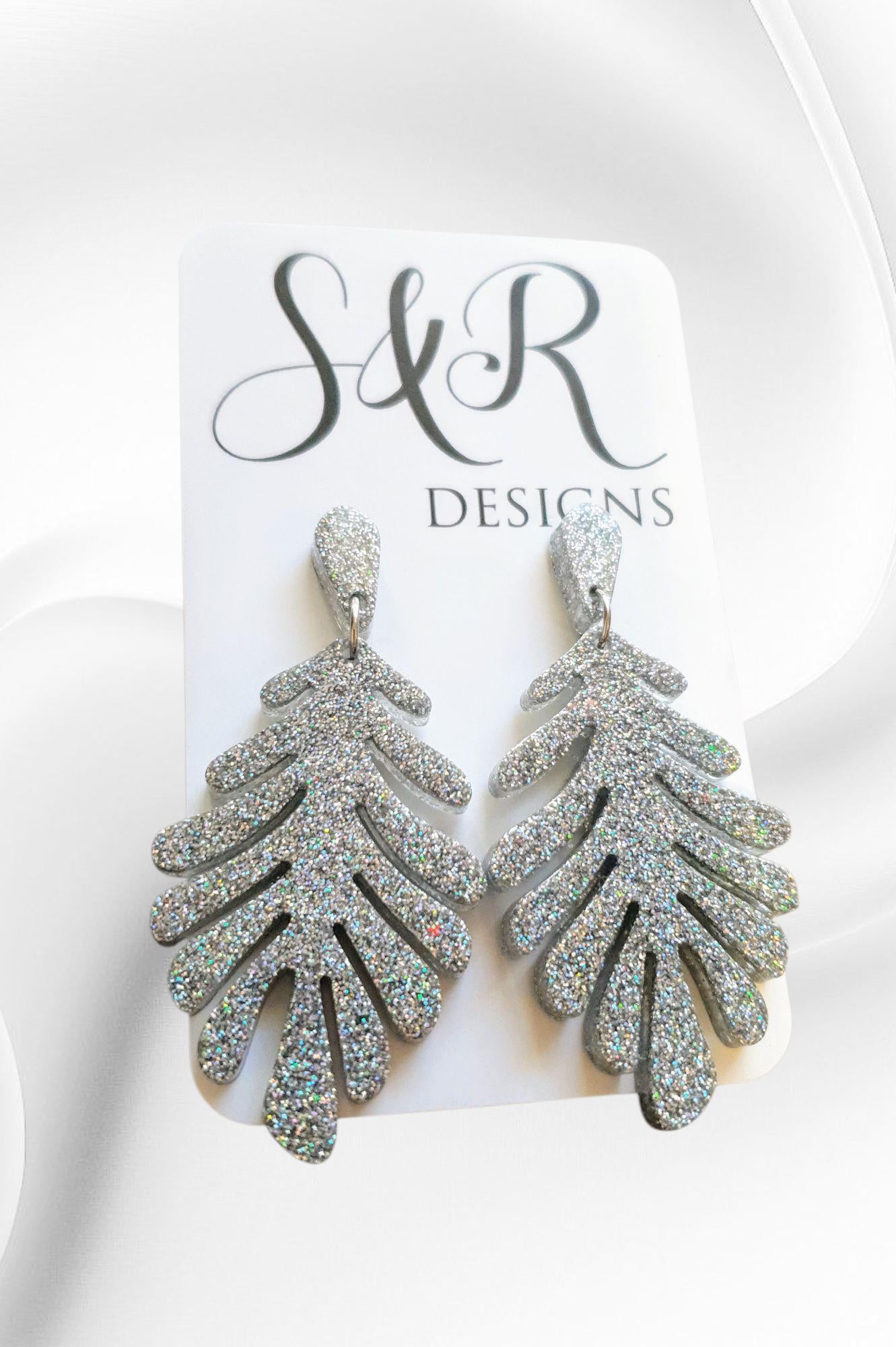 Silver Holographic Leaves Dangle Earrings, Handmade Glitter Resin Leaf Earrings, Bold Statement Jewellery Handmade, Gift for her