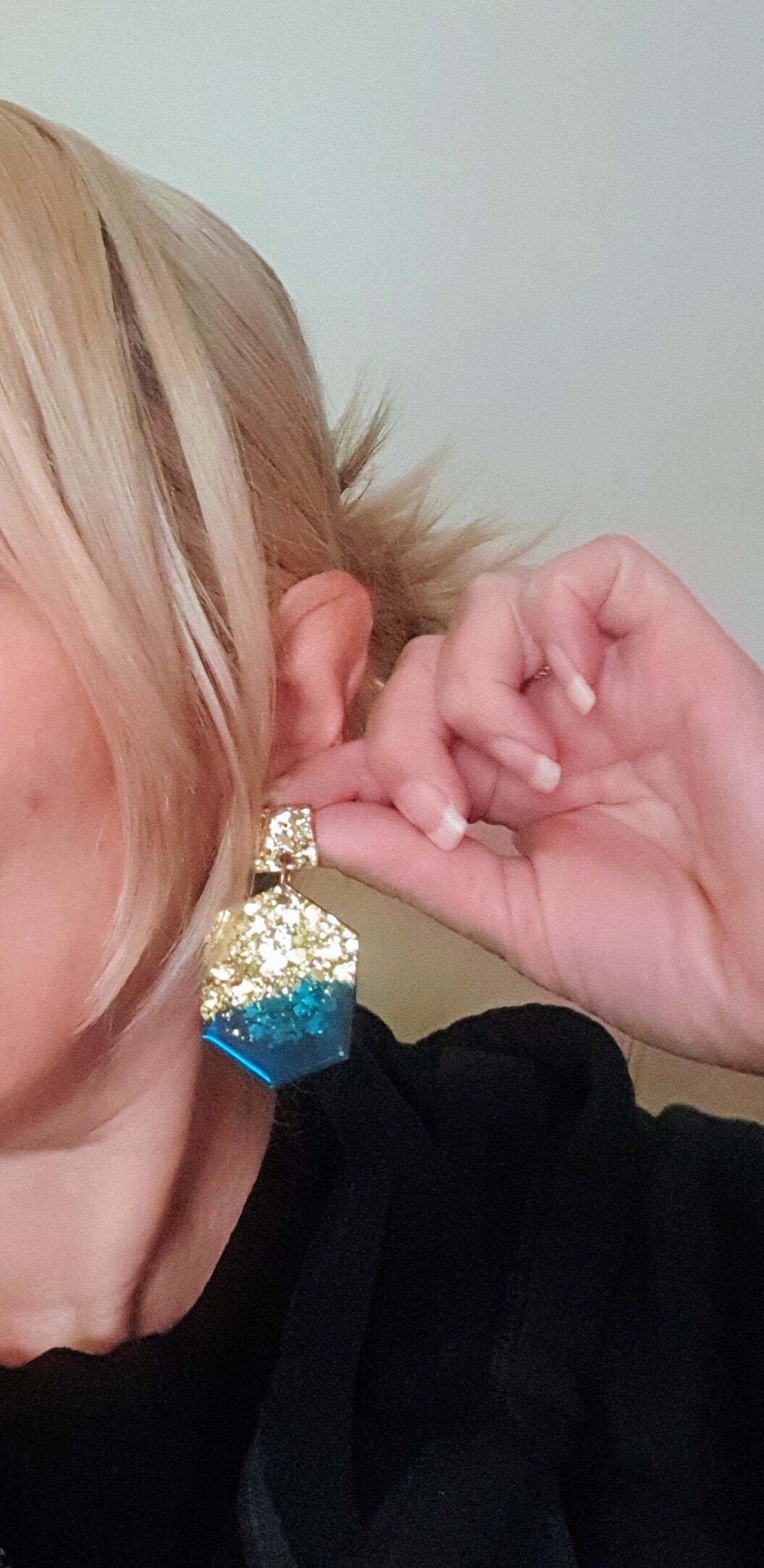 Brilliant Blue Hexagon Square Dangle Gold Drop Earrings, Blue Resin with Gold Glitter Handmade Post Earrings, Statement Jewellery Lover