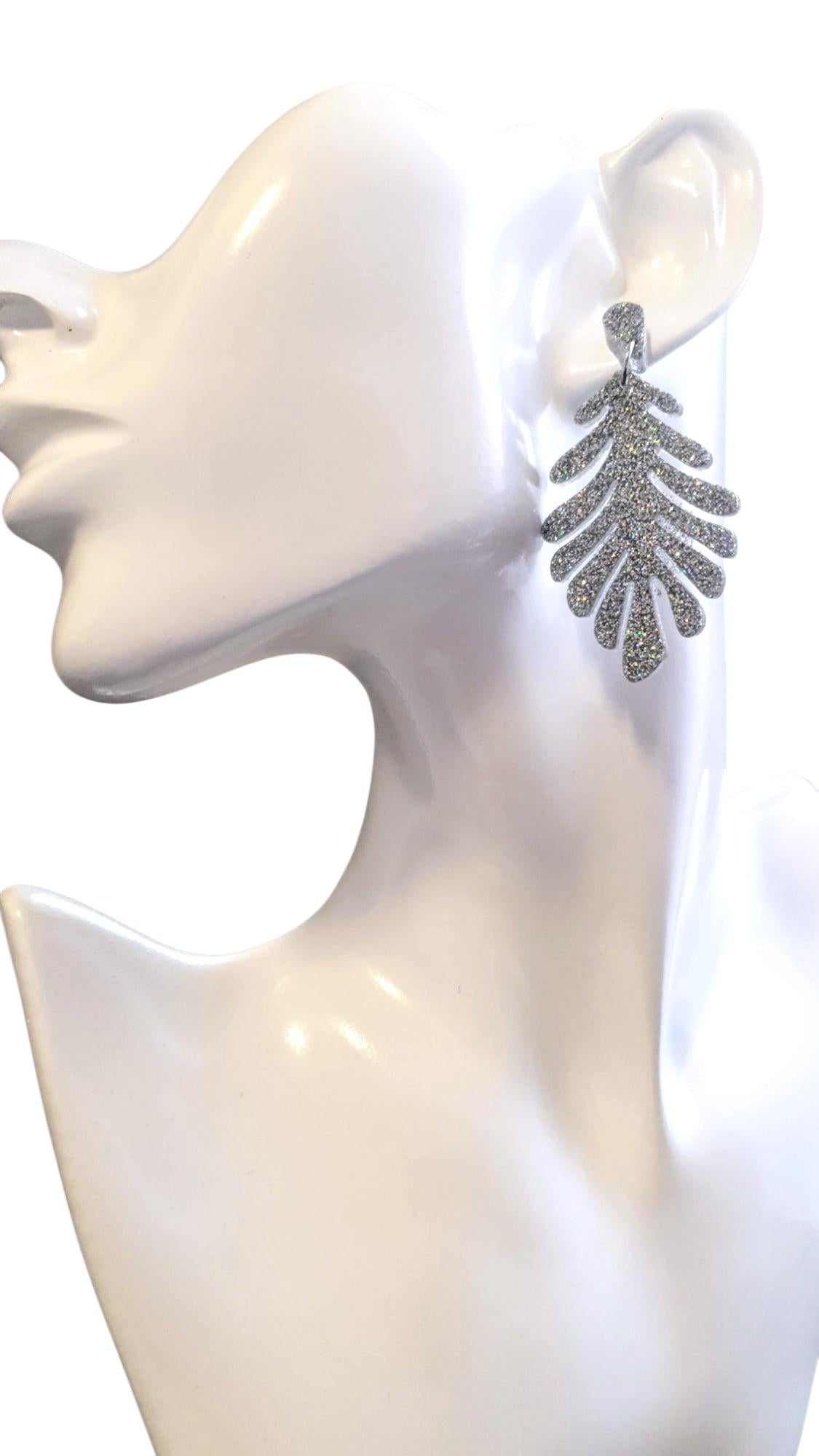Silver Holographic Leaves Dangle Earrings, Handmade Glitter Resin Leaf Earrings, Bold Statement Jewellery Handmade, Gift for her