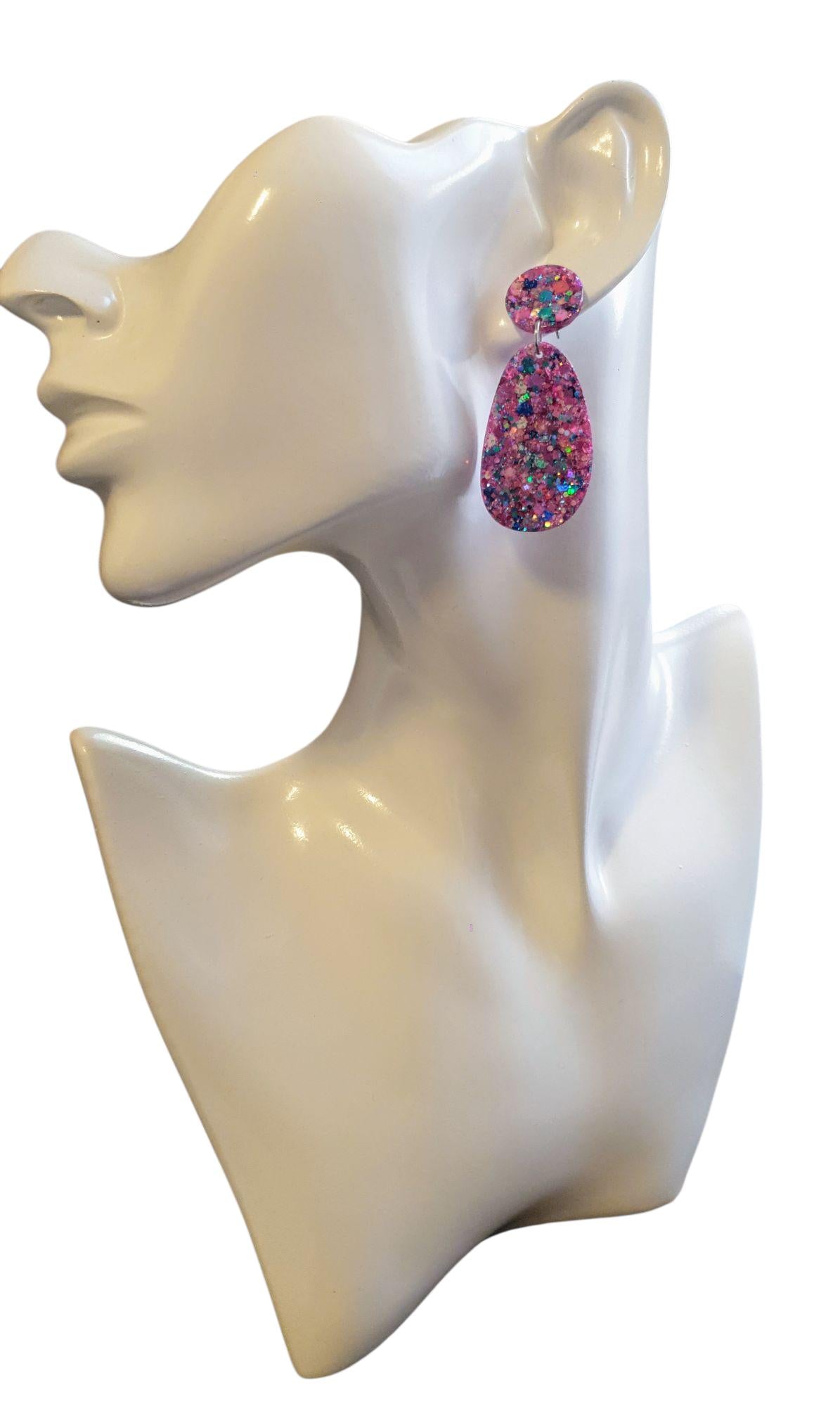 Oval Organic Shape Drop Glitter Earrings, Pink Blue Teal Mix Glitter, Resin Handmade, Stainless Steel. Statement Gift