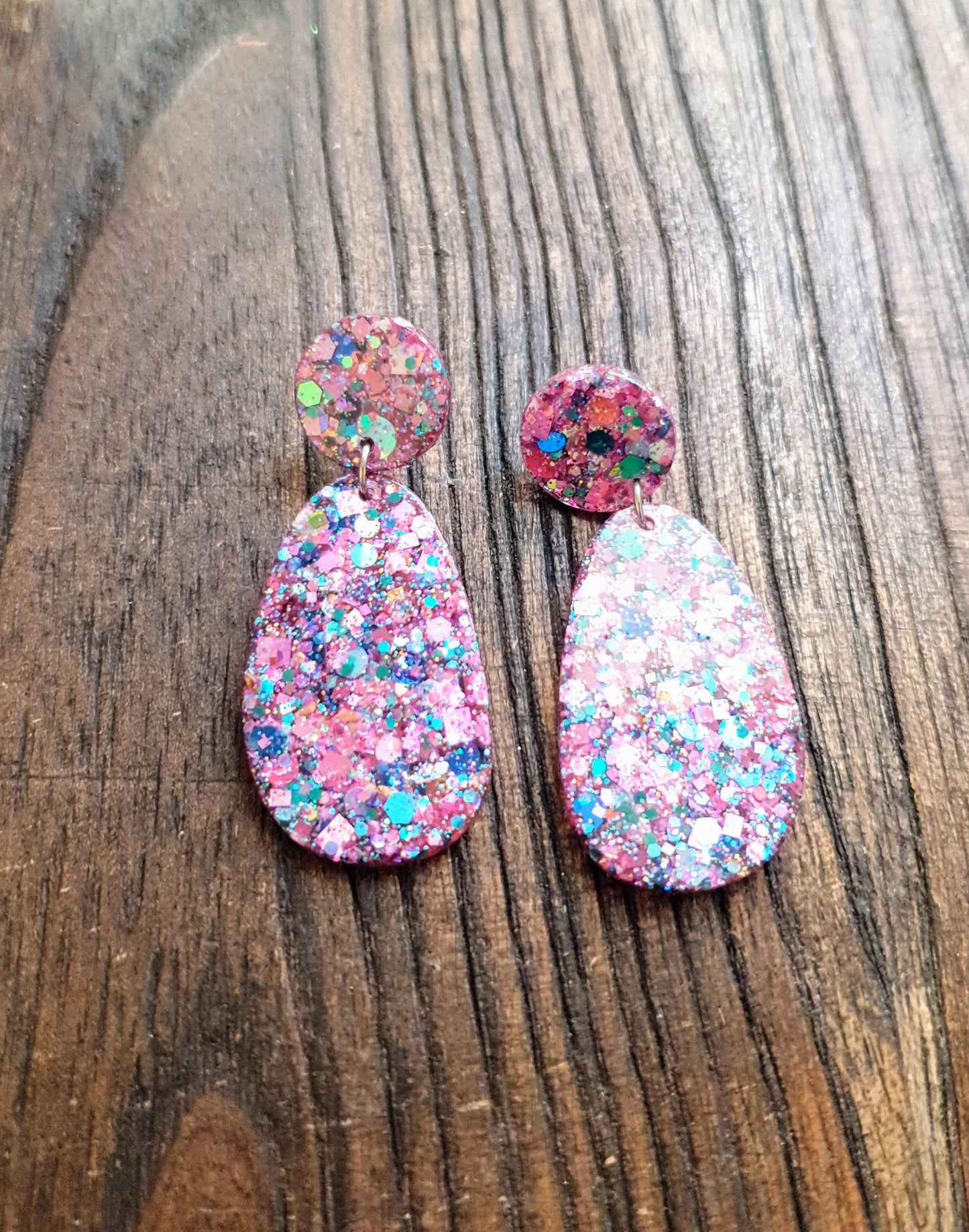 Oval Organic Shape Drop Glitter Earrings, Pink Blue Teal Mix Glitter, Resin Handmade, Stainless Steel. Statement Gift