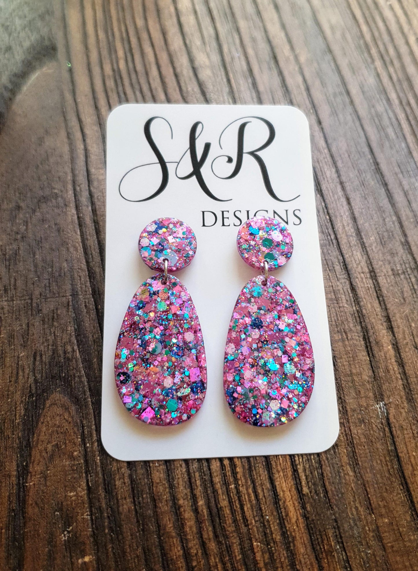 Oval Organic Shape Drop Glitter Earrings, Pink Blue Teal Mix Glitter, Resin Handmade, Stainless Steel. Statement Gift