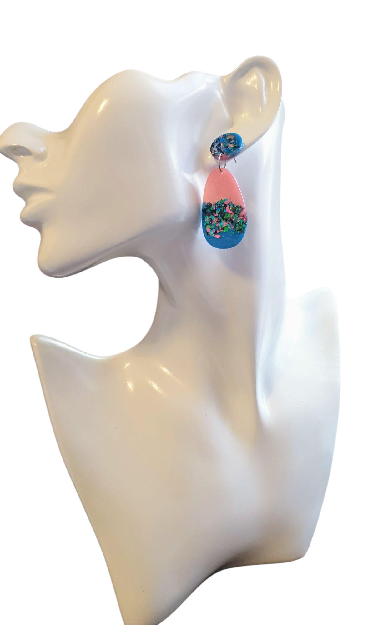 Blue Multicoloured Organic Shape Drop Earrings, Green Blue Pink Teal Glitter, Resin Handmade, Stainless Steel. Earrings Gift