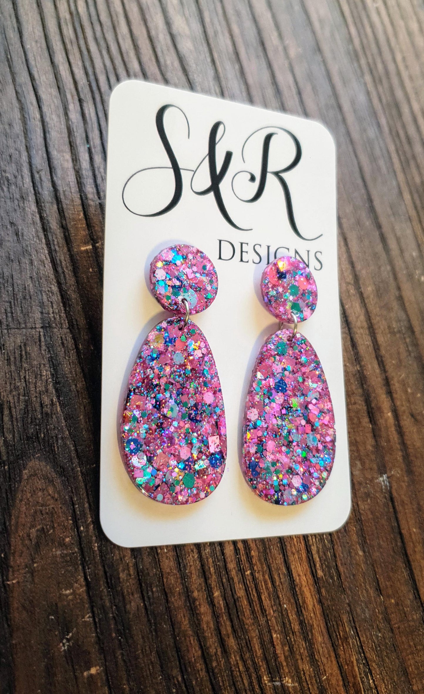 Oval Organic Shape Drop Glitter Earrings, Pink Blue Teal Mix Glitter, Resin Handmade, Stainless Steel. Statement Gift