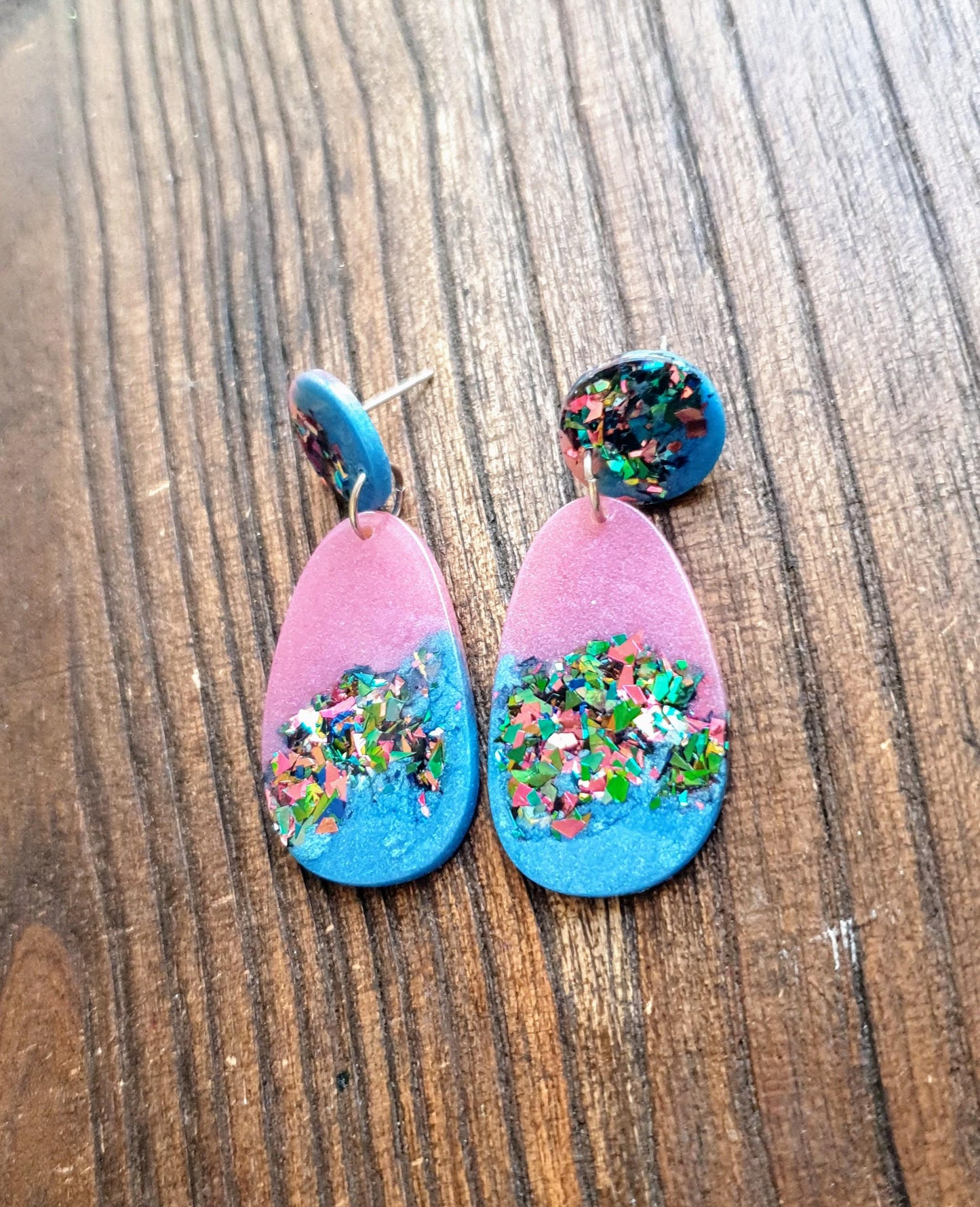 Blue Multicoloured Organic Shape Drop Earrings, Green Blue Pink Teal Glitter, Resin Handmade, Stainless Steel. Earrings Gift