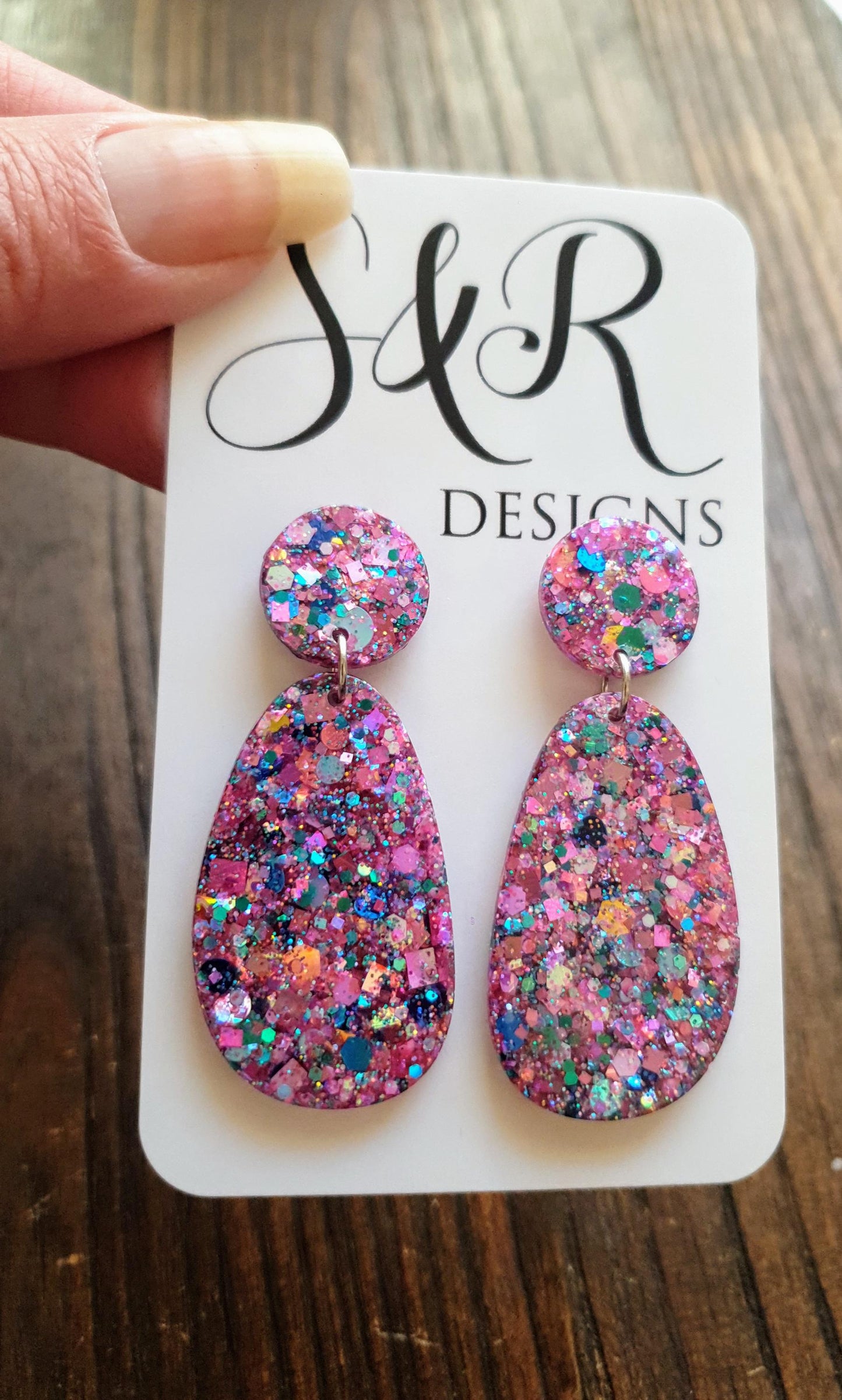 Oval Organic Shape Drop Glitter Earrings, Pink Blue Teal Mix Glitter, Resin Handmade, Stainless Steel. Statement Gift