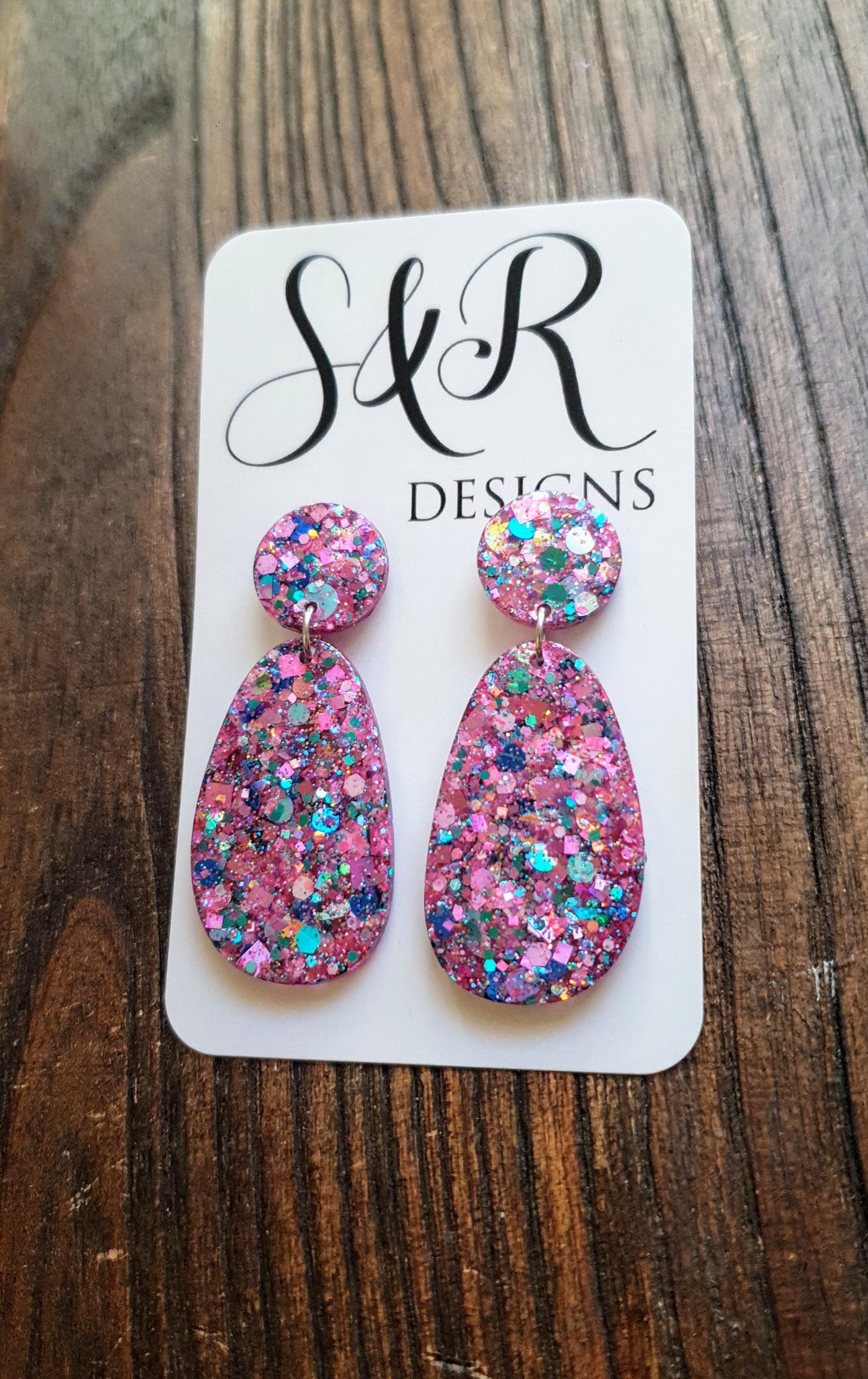 Oval Organic Shape Drop Glitter Earrings, Pink Blue Teal Mix Glitter, Resin Handmade, Stainless Steel. Statement Gift