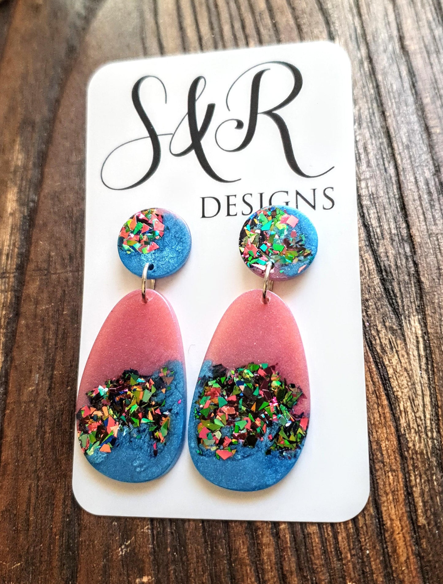 Blue Multicoloured Organic Shape Drop Earrings, Green Blue Pink Teal Glitter, Resin Handmade, Stainless Steel. Earrings Gift