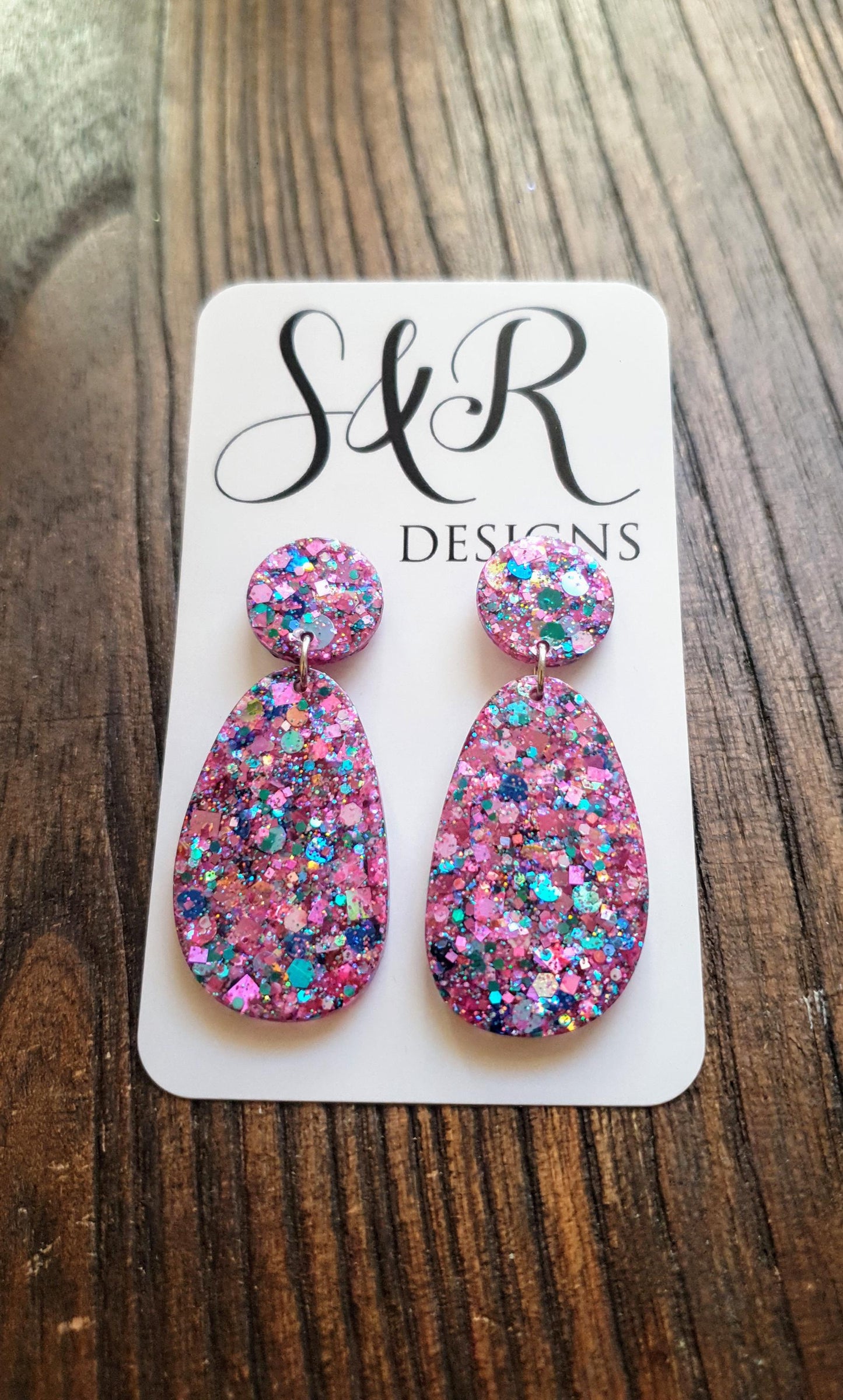 Oval Organic Shape Drop Glitter Earrings, Pink Blue Teal Mix Glitter, Resin Handmade, Stainless Steel. Statement Gift