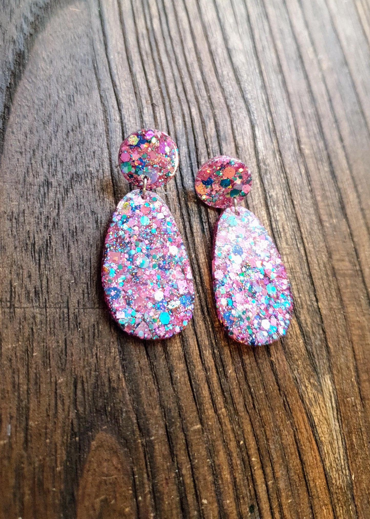 Oval Organic Shape Drop Glitter Earrings, Pink Blue Teal Mix Glitter, Resin Handmade, Stainless Steel. Statement Gift