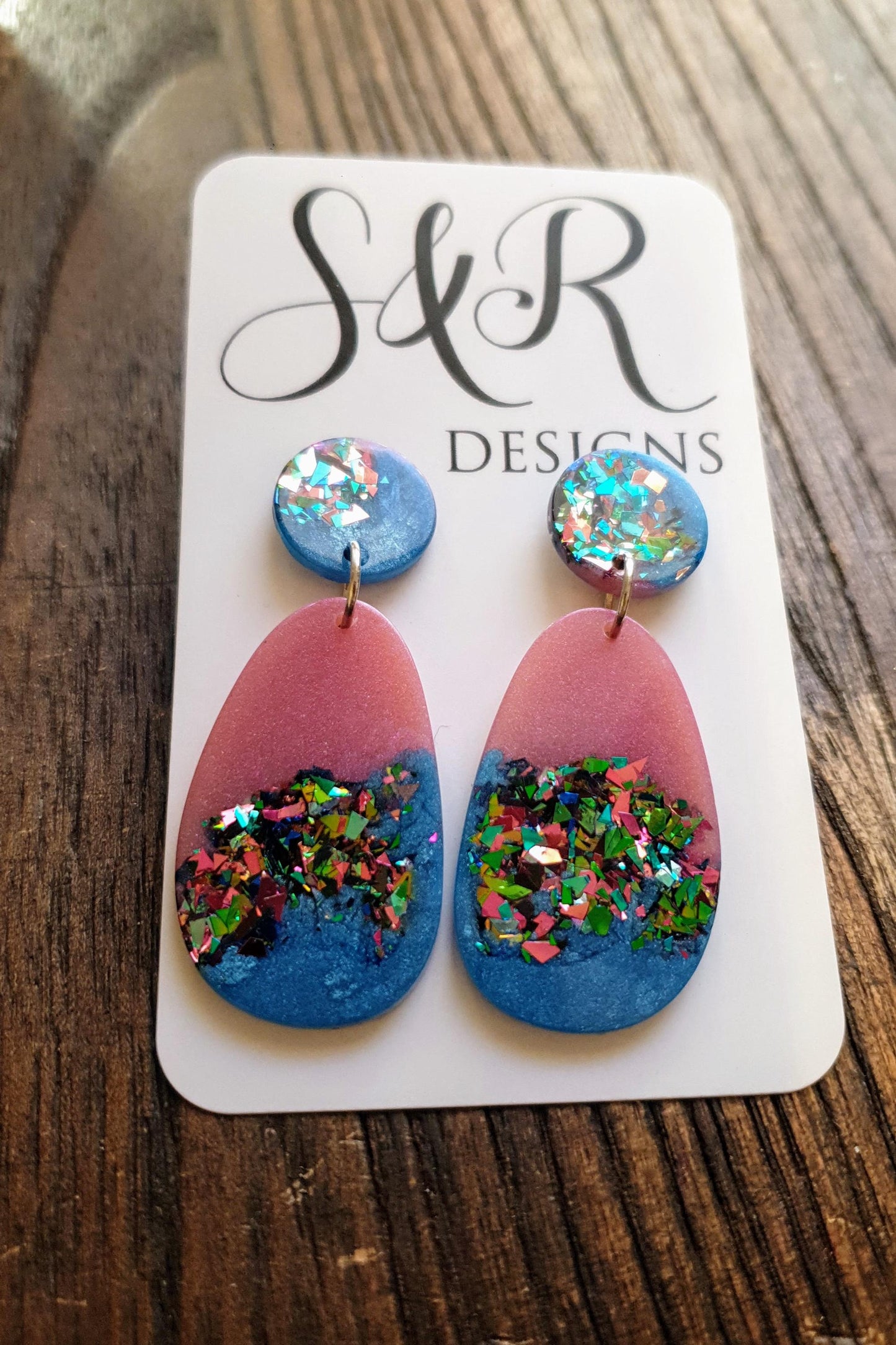 Blue Multicoloured Organic Shape Drop Earrings, Green Blue Pink Teal Glitter, Resin Handmade, Stainless Steel. Earrings Gift