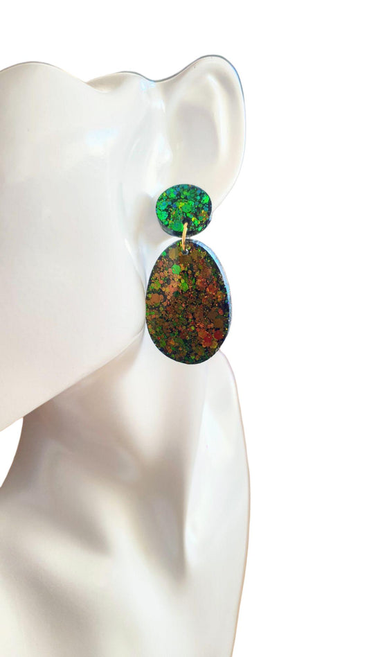 Autumn Oval Long Resin Earrings, Green Gold Brown Glitter Resin Earrings, Stainless Steel Earrings, Gift for her