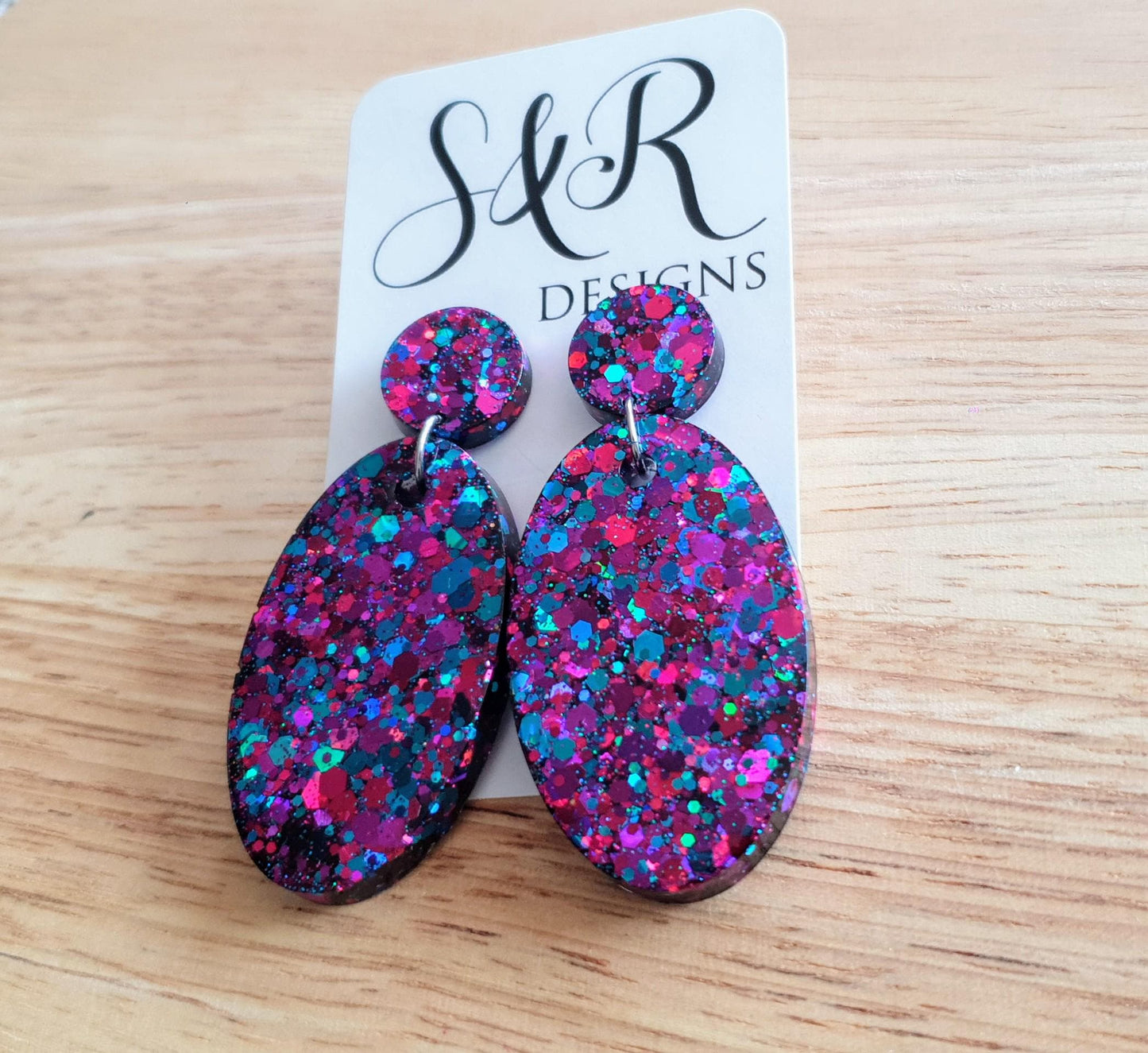 Oval Large Dangle Earrings, Multicoloured Purple Blue Pink Mix Glitter Resin Earrings, Stainless Steel, Gift Earrings, Handmade Drop Dangles
