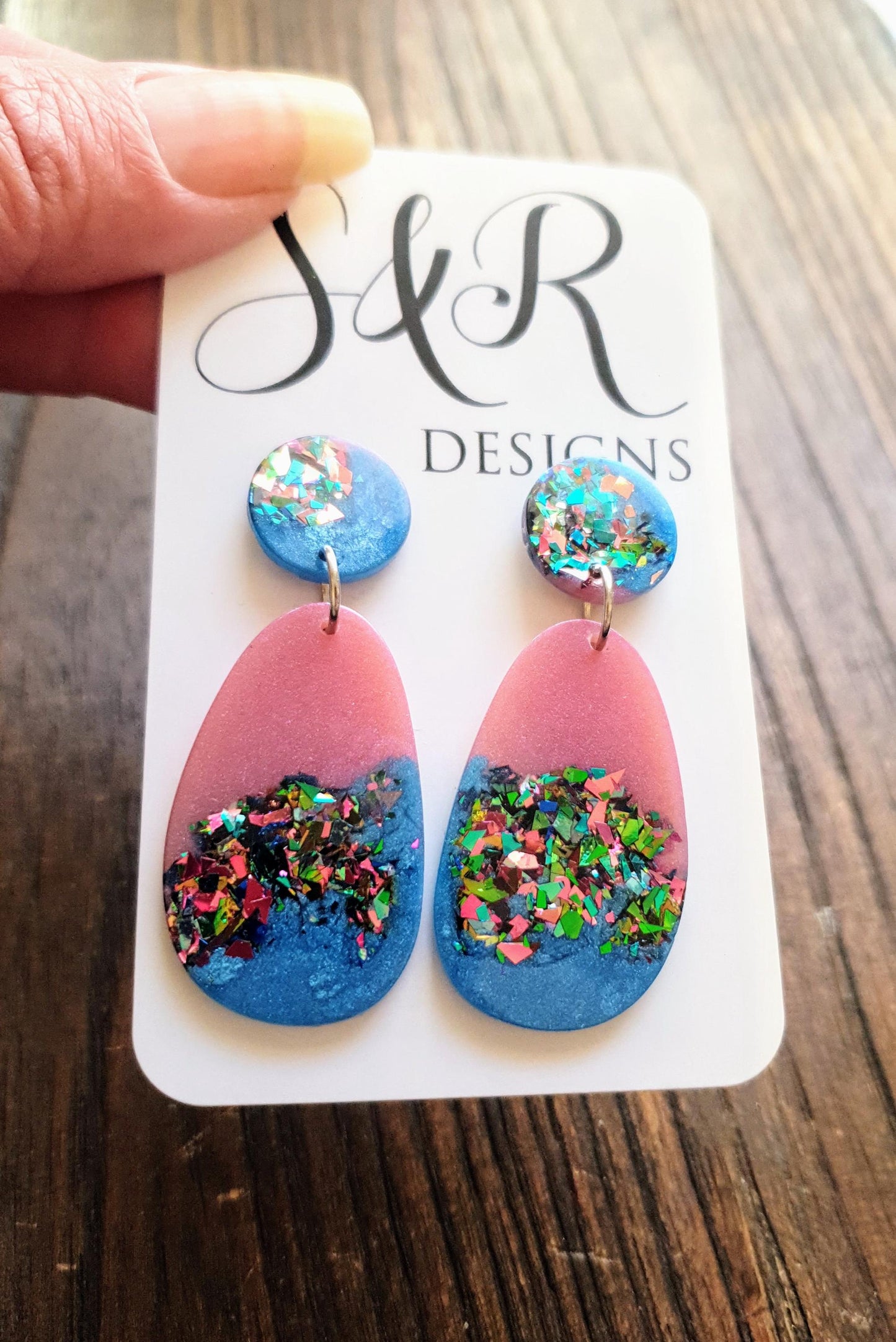 Blue Multicoloured Organic Shape Drop Earrings, Green Blue Pink Teal Glitter, Resin Handmade, Stainless Steel. Earrings Gift