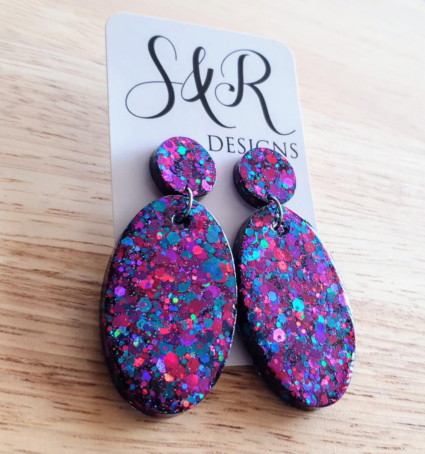 Oval Large Dangle Earrings, Multicoloured Purple Blue Pink Mix Glitter Resin Earrings, Stainless Steel, Gift Earrings, Handmade Drop Dangles
