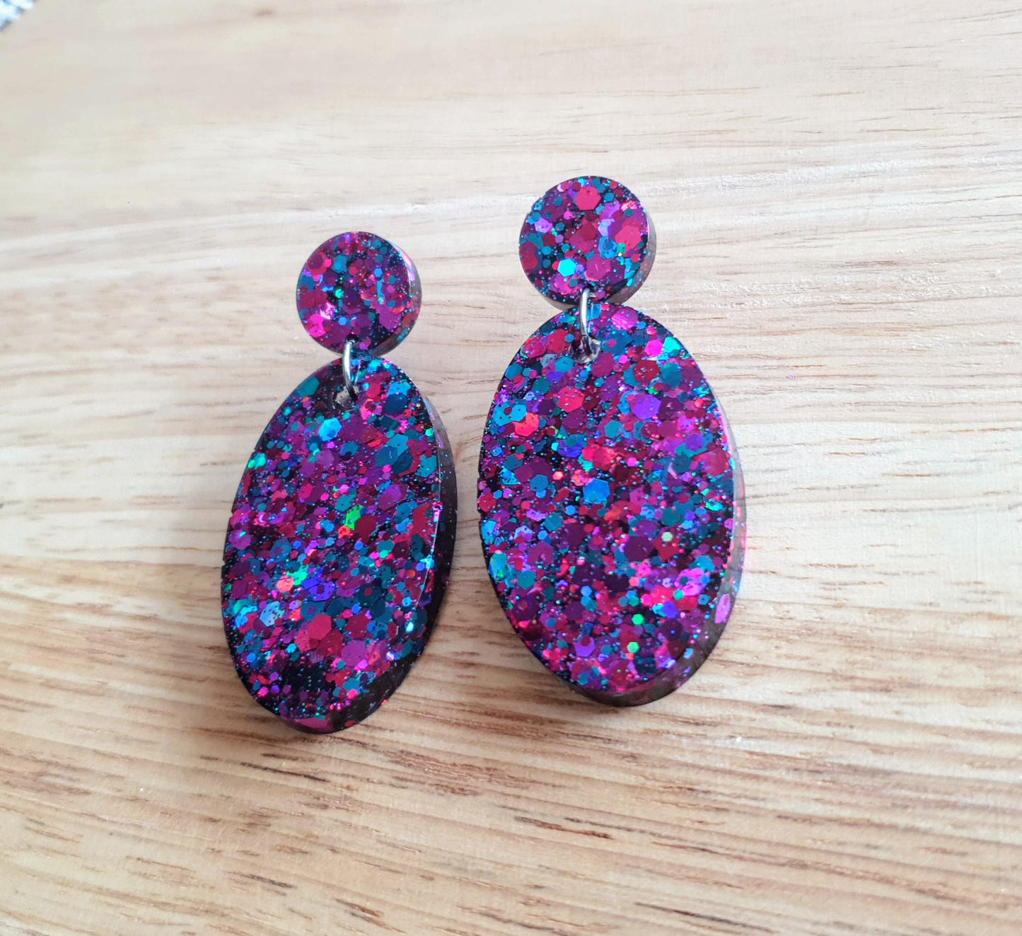 Oval Large Dangle Earrings, Multicoloured Purple Blue Pink Mix Glitter Resin Earrings, Stainless Steel, Gift Earrings, Handmade Drop Dangles