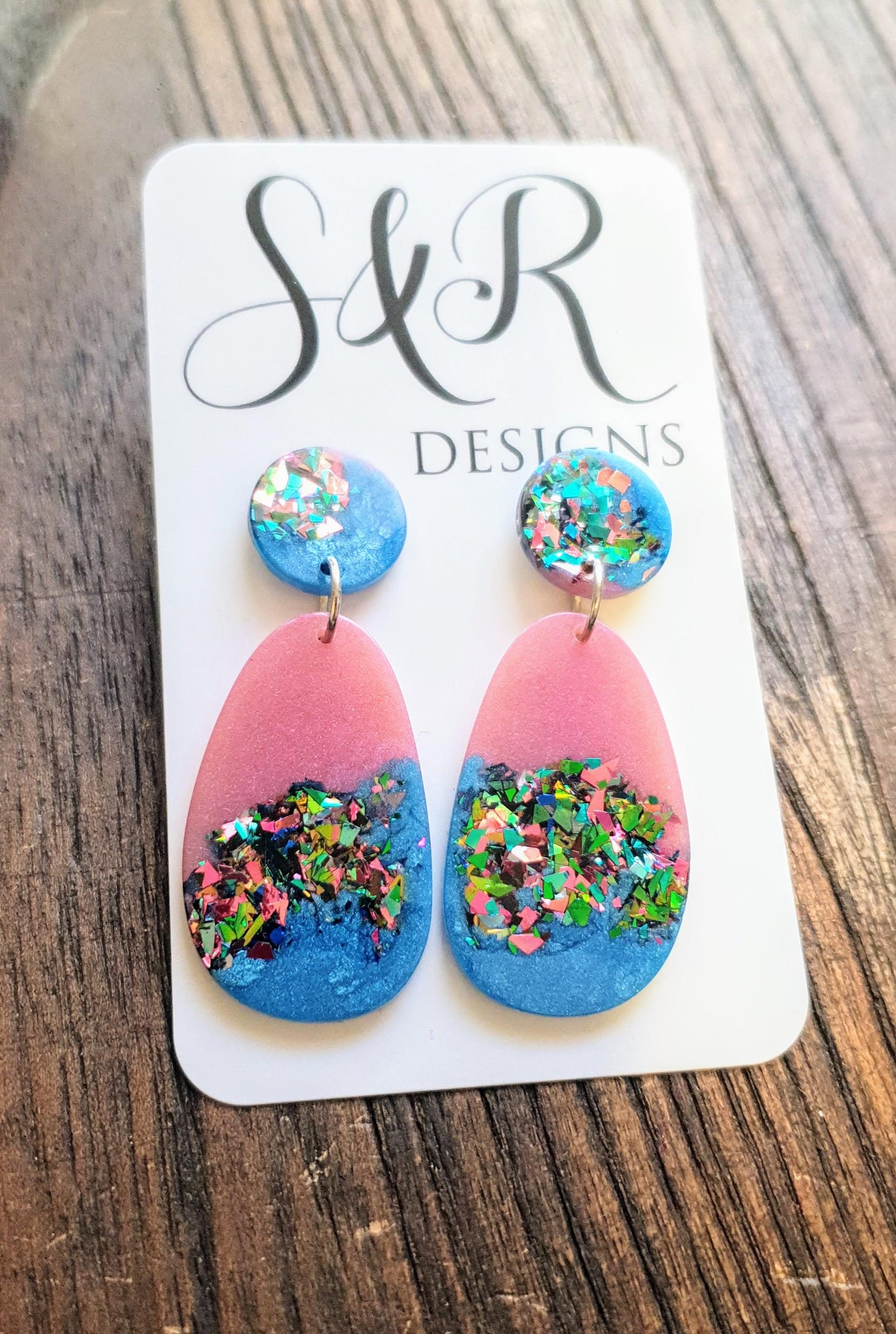 Blue Multicoloured Organic Shape Drop Earrings, Green Blue Pink Teal Glitter, Resin Handmade, Stainless Steel. Earrings Gift