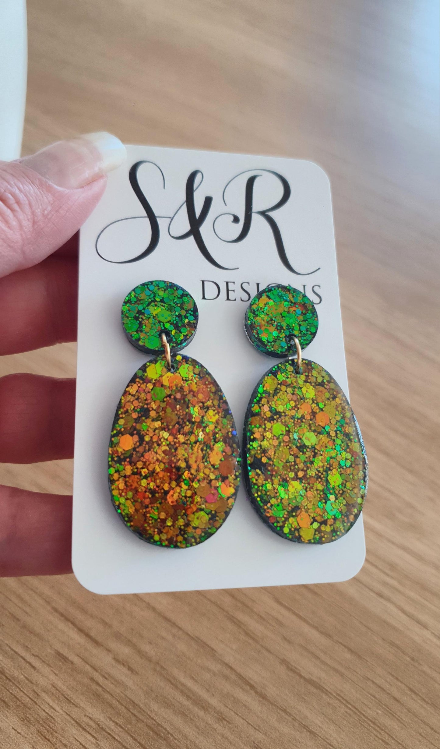 Autumn Oval Long Resin Earrings, Green Gold Brown Glitter Resin Earrings, Stainless Steel Earrings, Gift for her