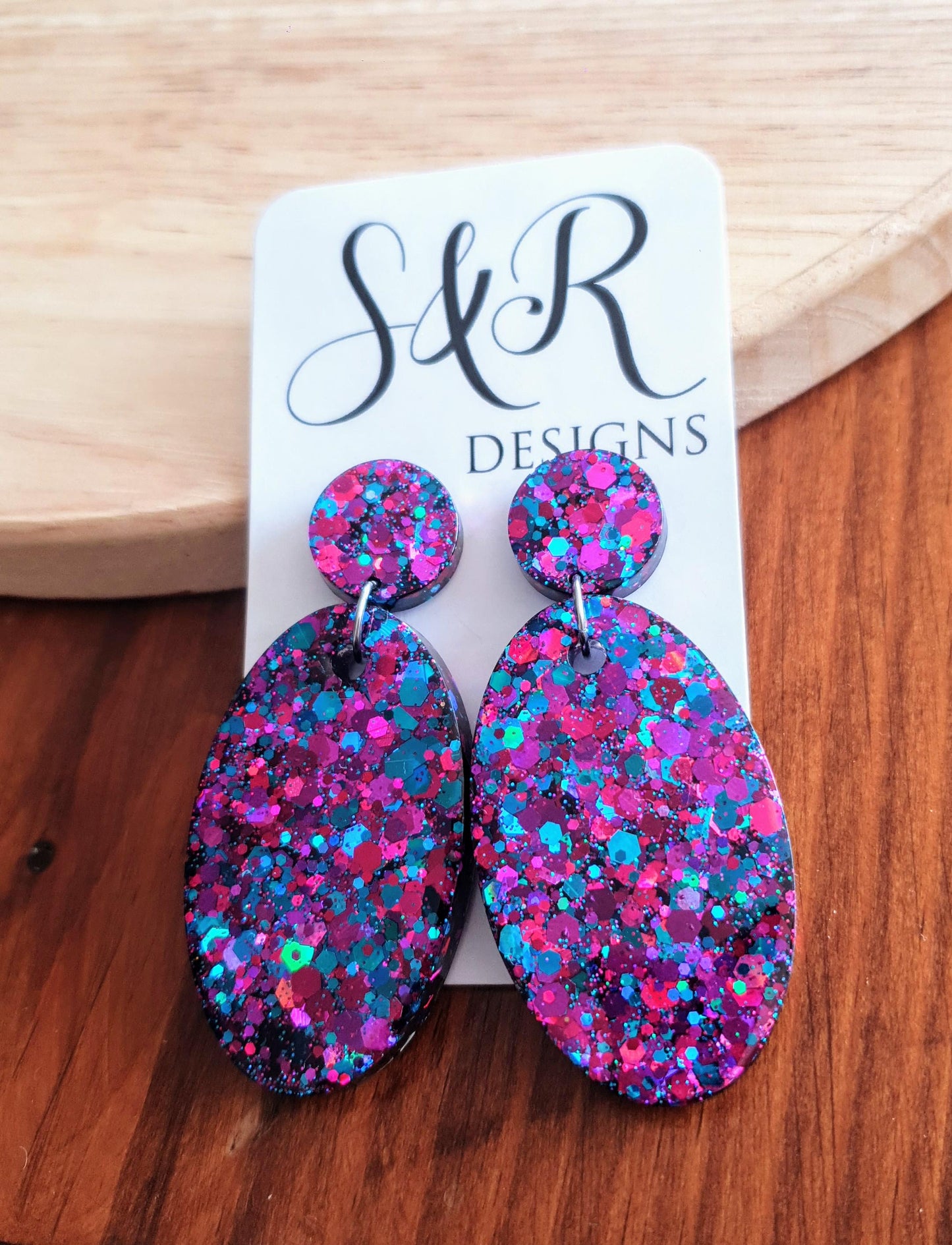 Oval Large Dangle Earrings, Multicoloured Purple Blue Pink Mix Glitter Resin Earrings, Stainless Steel, Gift Earrings, Handmade Drop Dangles