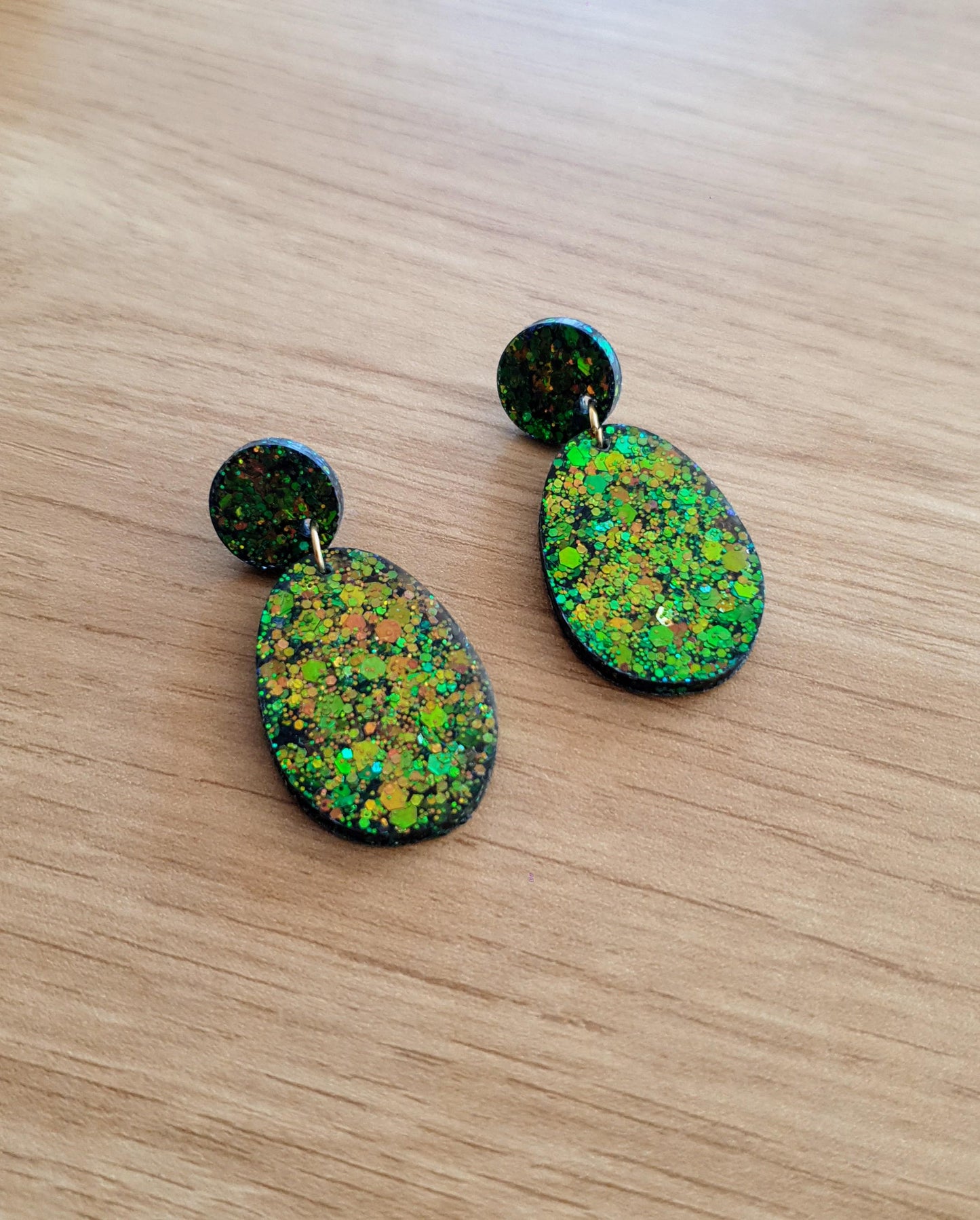 Autumn Oval Long Resin Earrings, Green Gold Brown Glitter Resin Earrings, Stainless Steel Earrings, Gift for her