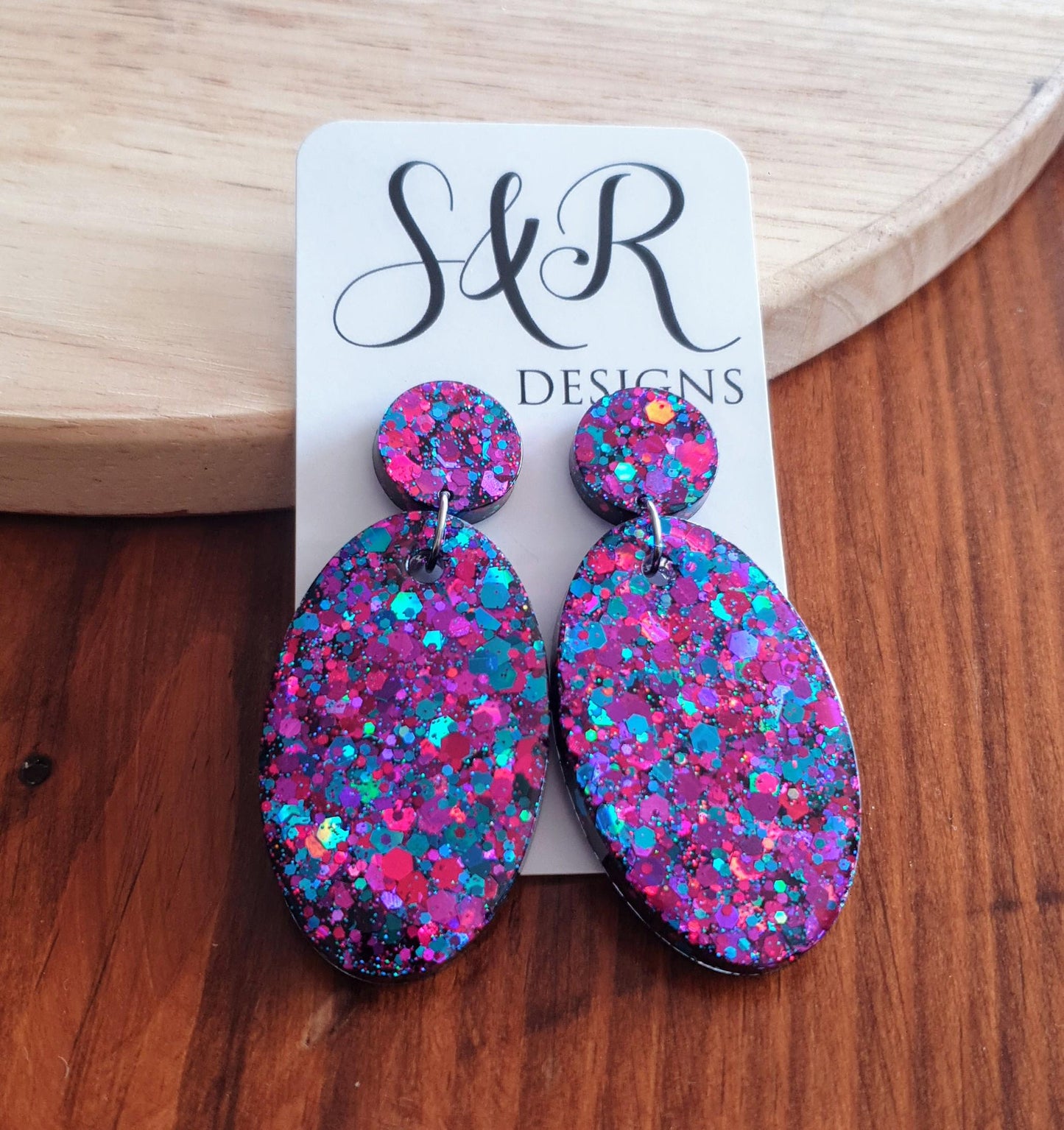 Oval Large Dangle Earrings, Multicoloured Purple Blue Pink Mix Glitter Resin Earrings, Stainless Steel, Gift Earrings, Handmade Drop Dangles