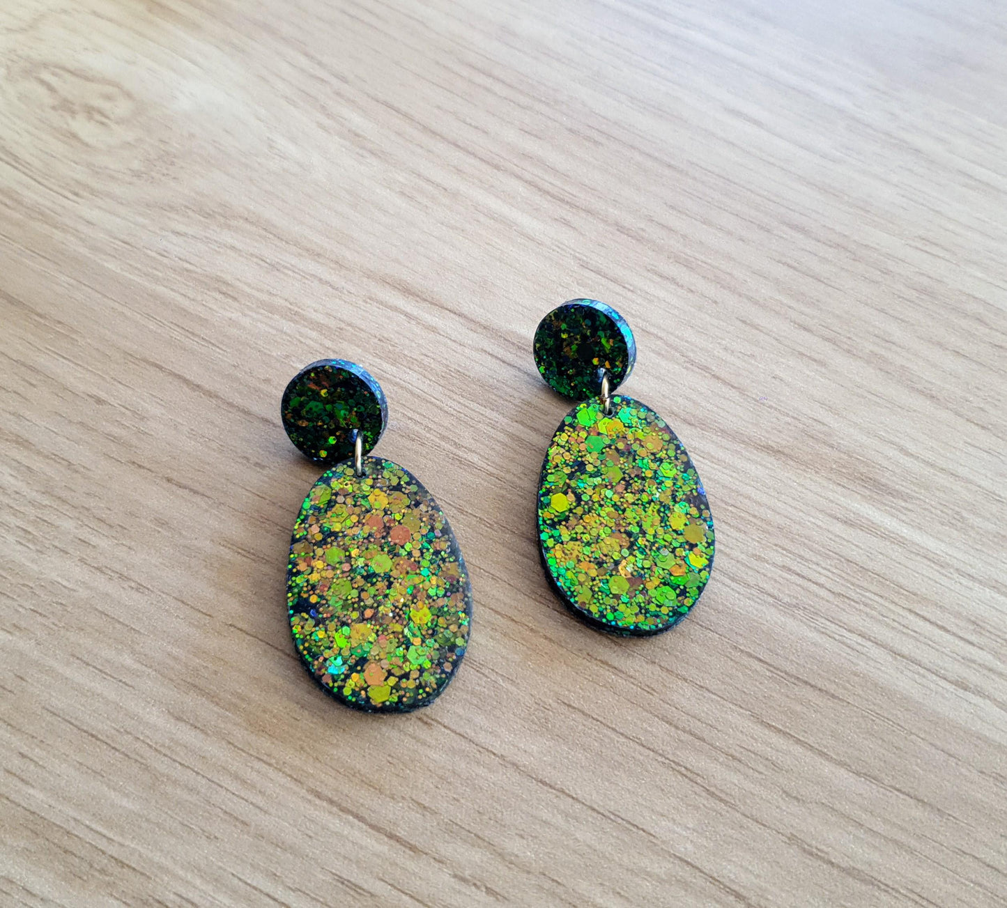Autumn Oval Long Resin Earrings, Green Gold Brown Glitter Resin Earrings, Stainless Steel Earrings, Gift for her