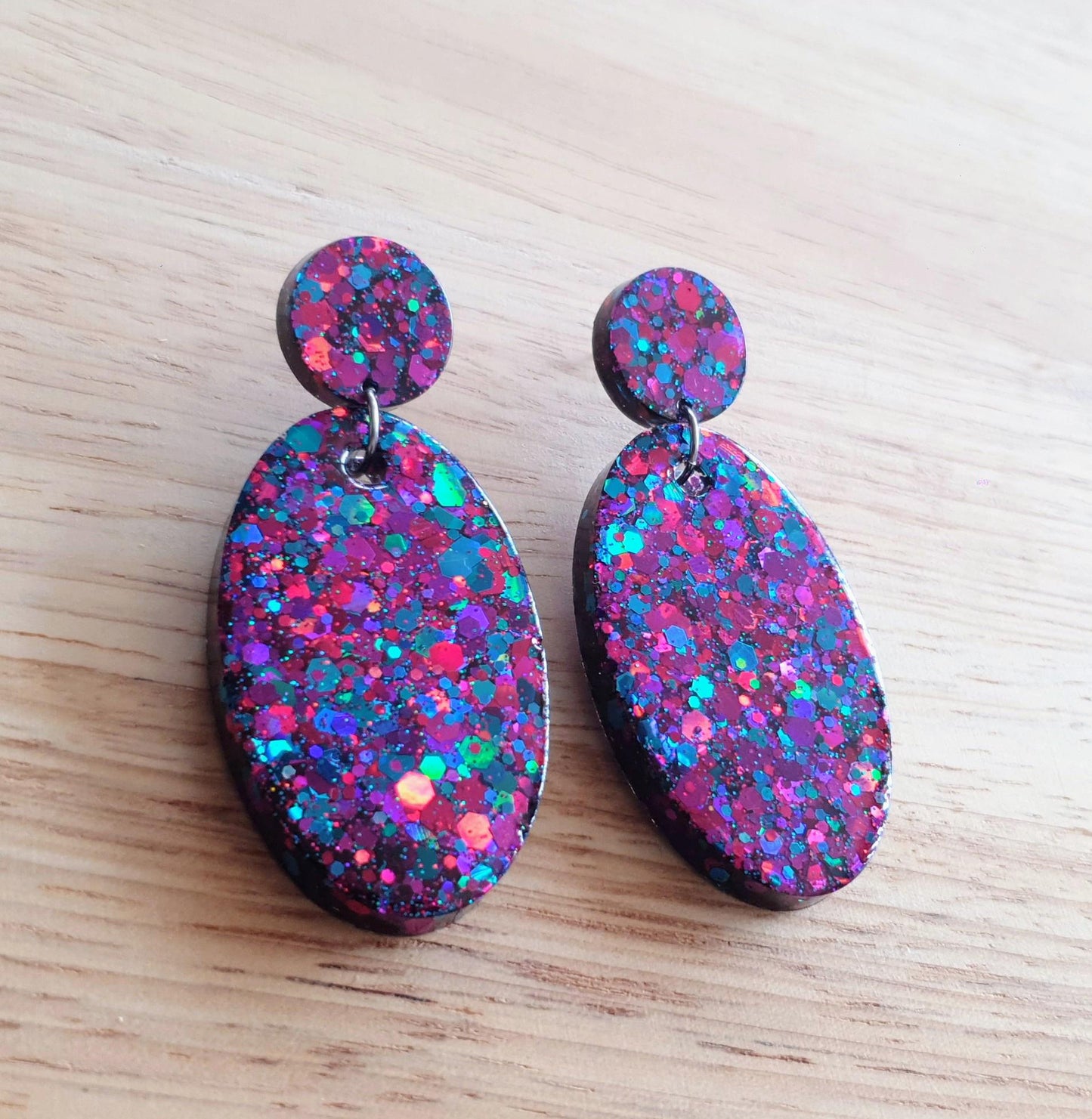 Oval Large Dangle Earrings, Multicoloured Purple Blue Pink Mix Glitter Resin Earrings, Stainless Steel, Gift Earrings, Handmade Drop Dangles