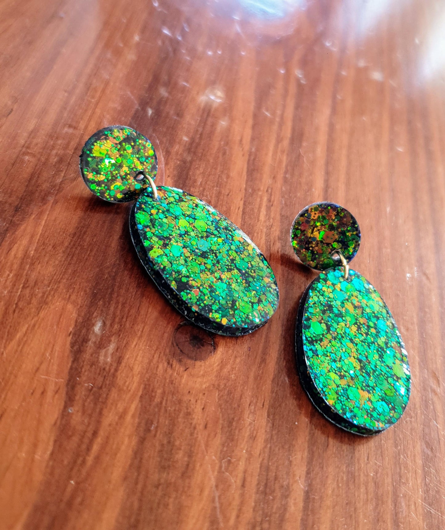 Autumn Oval Long Resin Earrings, Green Gold Brown Glitter Resin Earrings, Stainless Steel Earrings, Gift for her