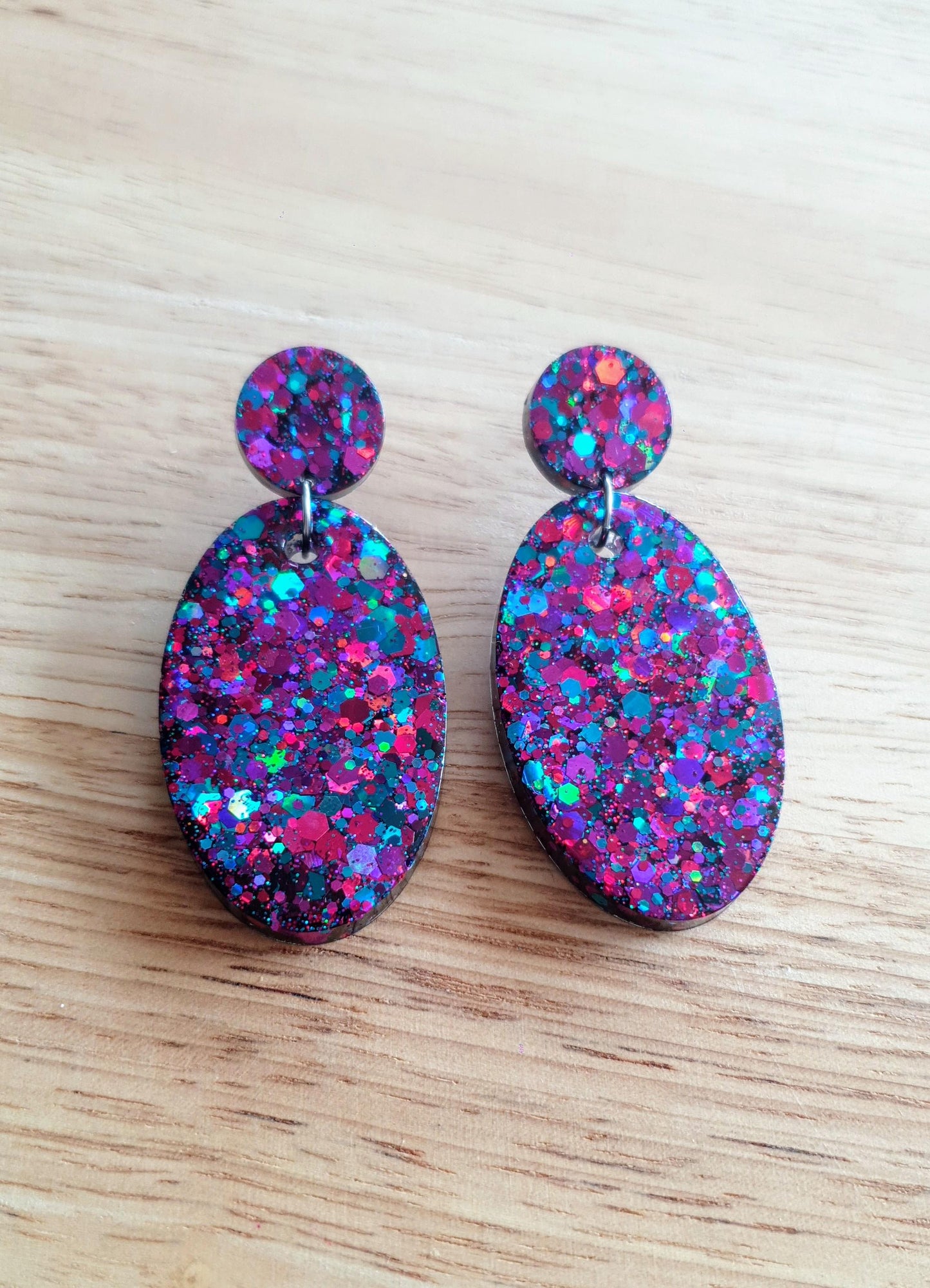 Oval Large Dangle Earrings, Multicoloured Purple Blue Pink Mix Glitter Resin Earrings, Stainless Steel, Gift Earrings, Handmade Drop Dangles