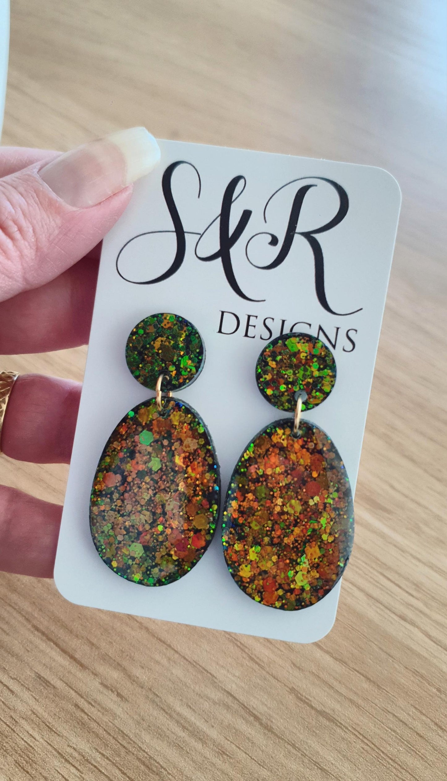 Autumn Oval Long Resin Earrings, Green Gold Brown Glitter Resin Earrings, Stainless Steel Earrings, Gift for her
