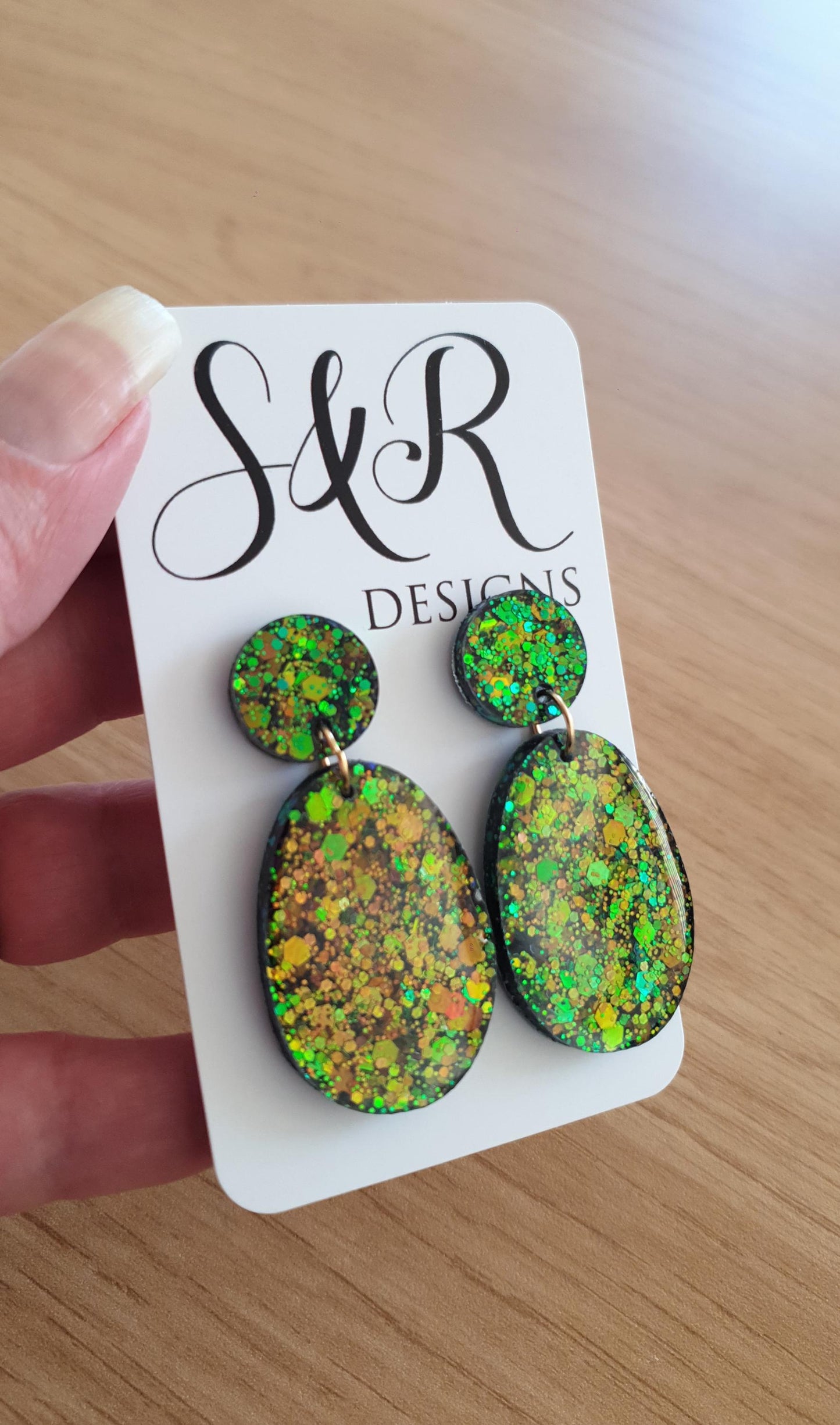 Autumn Oval Long Resin Earrings, Green Gold Brown Glitter Resin Earrings, Stainless Steel Earrings, Gift for her