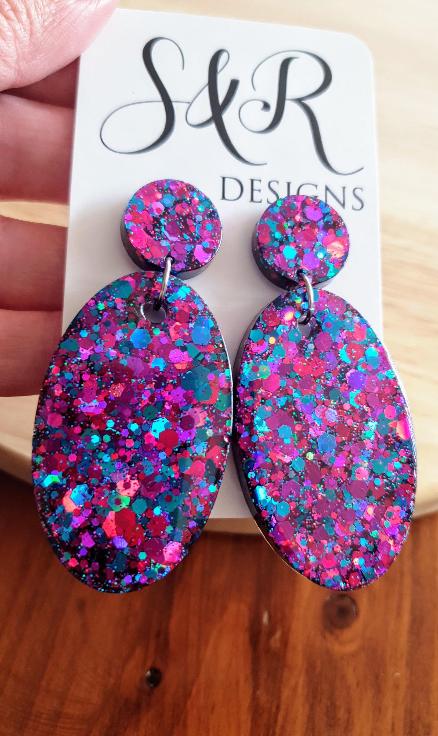 Oval Large Dangle Earrings, Multicoloured Purple Blue Pink Mix Glitter Resin Earrings, Stainless Steel, Gift Earrings, Handmade Drop Dangles