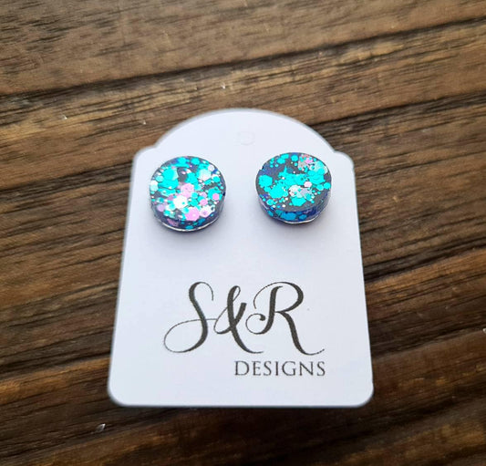 Chameleo Circle Dot Resin Stud Earrings, Pink Blue Chameleon Chunky Glitter Earrings. Stainless Steel Stud Earrings. 15mm, 12mm, 10mm or 8mm