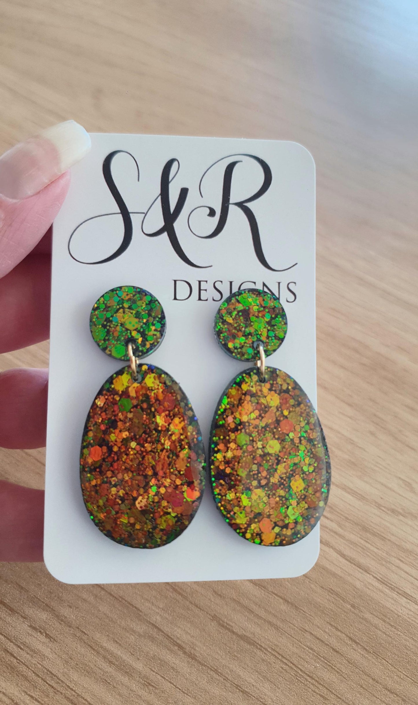 Autumn Oval Long Resin Earrings, Green Gold Brown Glitter Resin Earrings, Stainless Steel Earrings, Gift for her