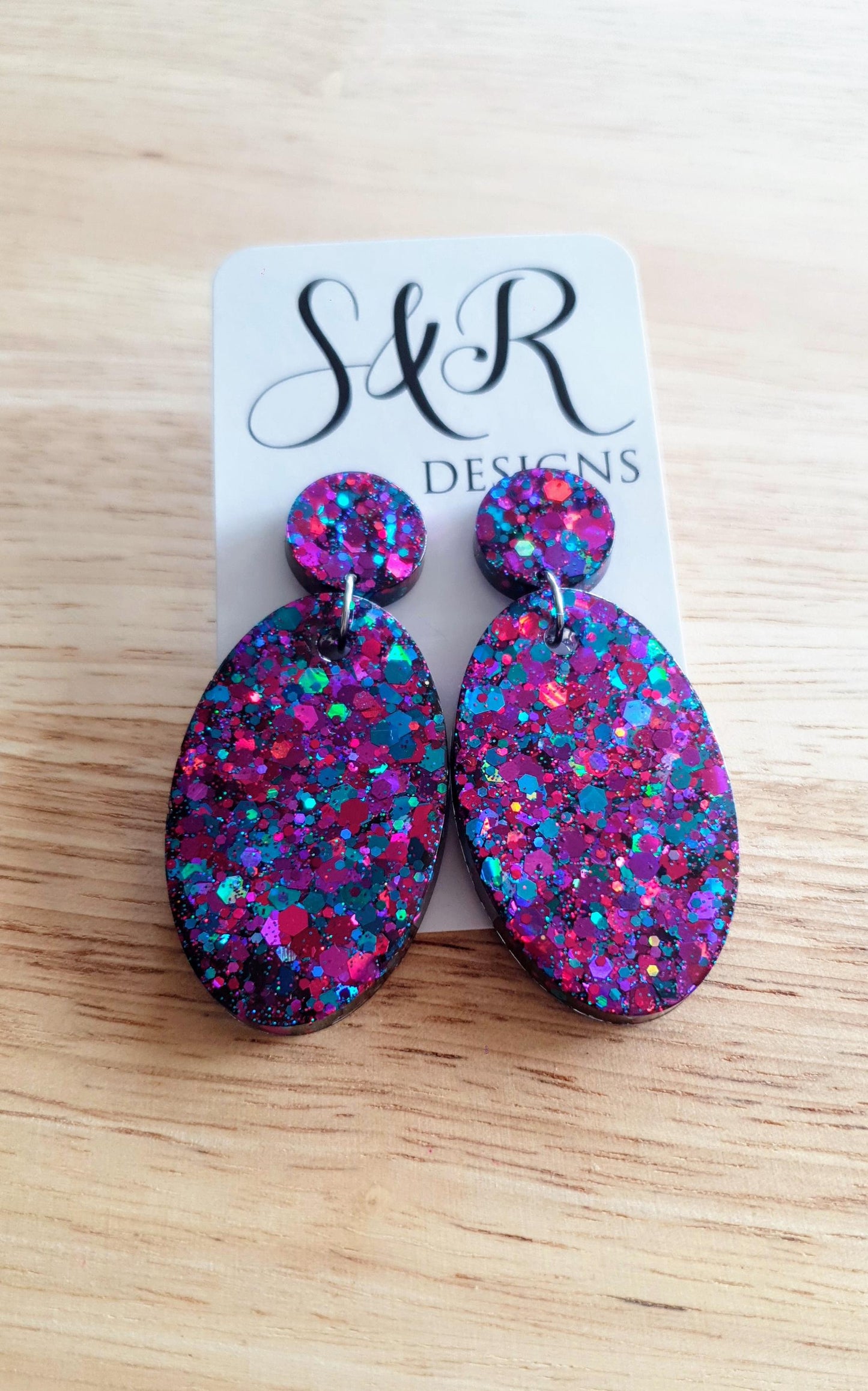 Oval Large Dangle Earrings, Multicoloured Purple Blue Pink Mix Glitter Resin Earrings, Stainless Steel, Gift Earrings, Handmade Drop Dangles