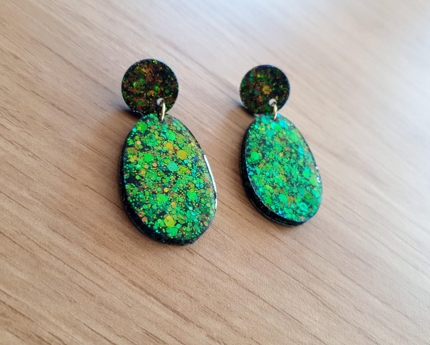 Autumn Oval Long Resin Earrings, Green Gold Brown Glitter Resin Earrings, Stainless Steel Earrings, Gift for her