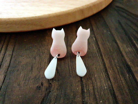 White Blush Cat Dangle Earrings, Cat with Moving Tail Long Earrings, Silver Handmade Resin Earrings, Cat Earrings Stainless Steel.