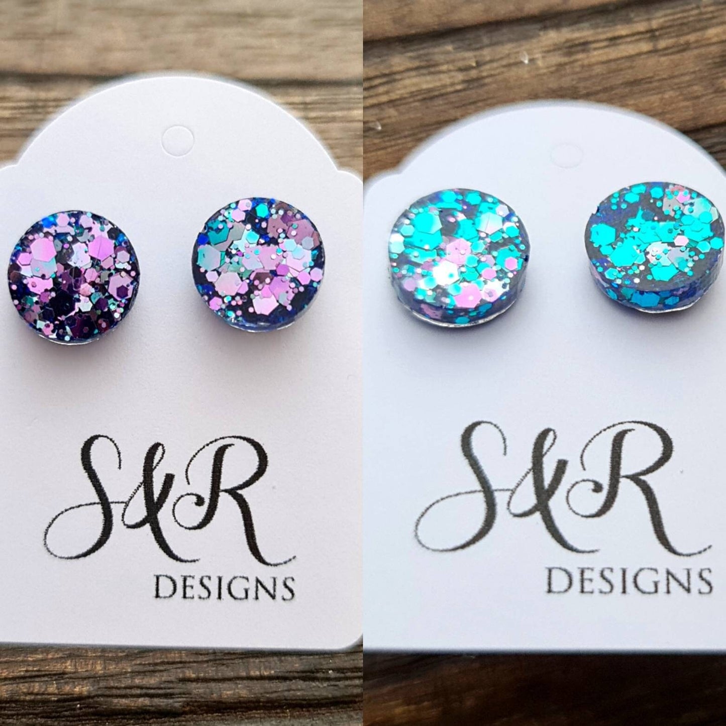 Chameleo Circle Dot Resin Stud Earrings, Pink Blue Chameleon Chunky Glitter Earrings. Stainless Steel Stud Earrings. 15mm, 12mm, 10mm or 8mm