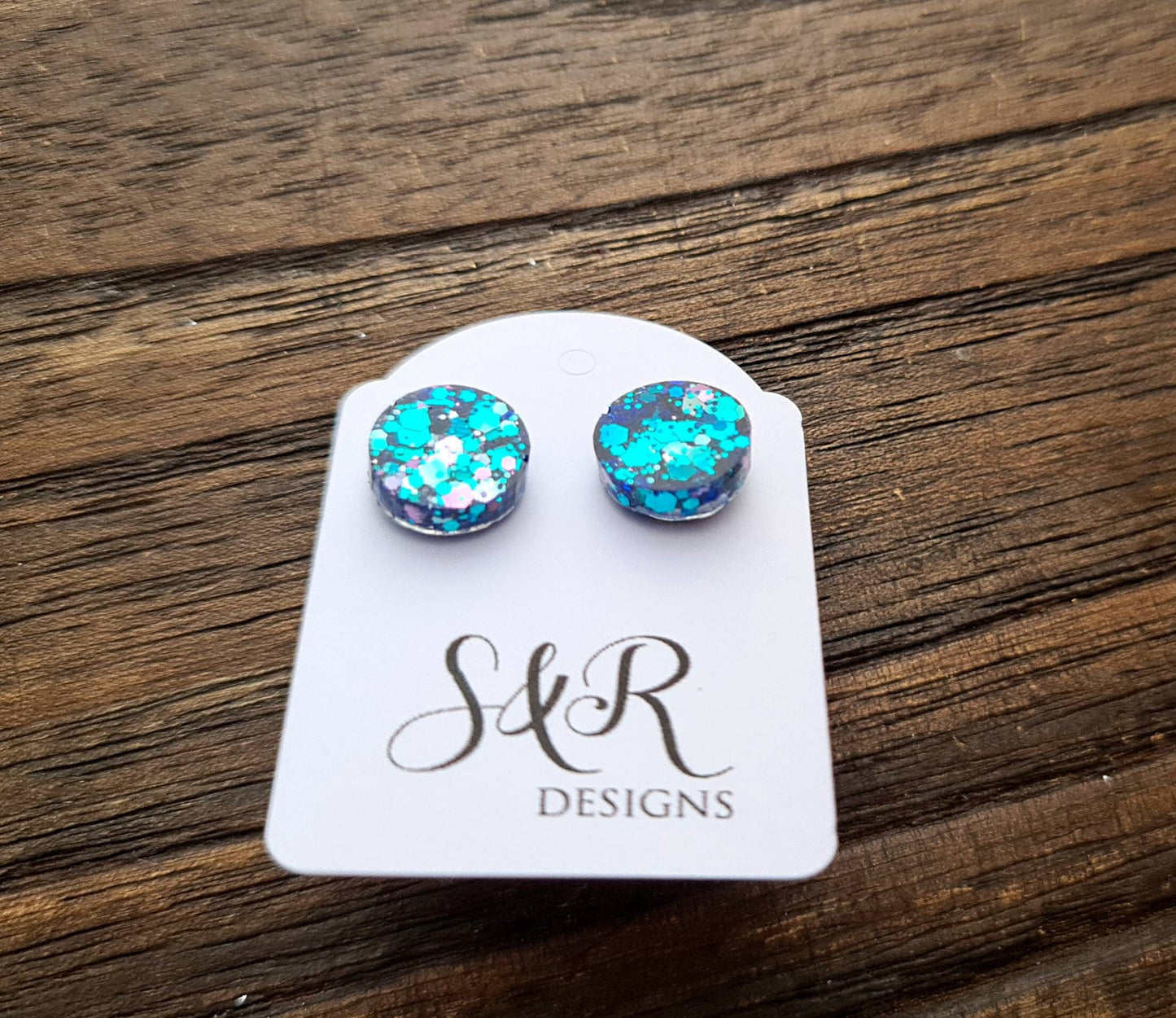 Chameleo Circle Dot Resin Stud Earrings, Pink Blue Chameleon Chunky Glitter Earrings. Stainless Steel Stud Earrings. 15mm, 12mm, 10mm or 8mm