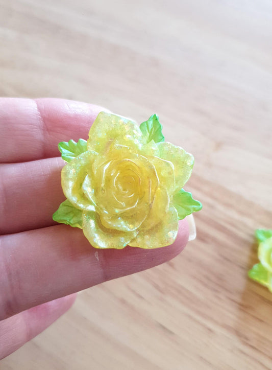 Yellow Rose Flower Brooch, Light Yellow Flower with Green Leaves Brooch with Stainless Steel Pin, Handmade Resin Brooch, Personalised Brooch
