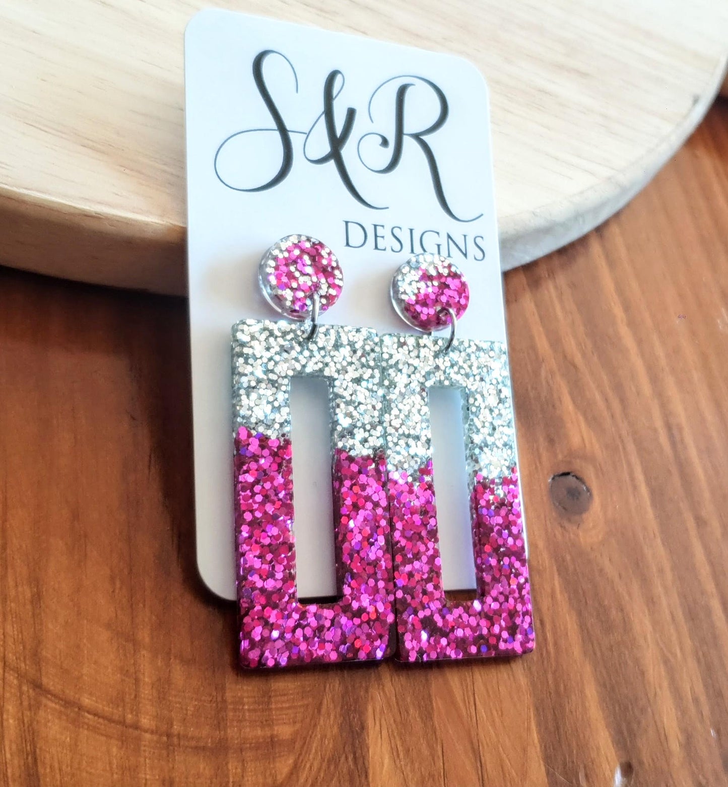 Pink Silver Rectangle Dangle Earrings, Sparkly Glitter Resin Handmade Dangle Statement Earrings, Custom order welcomed for different colour