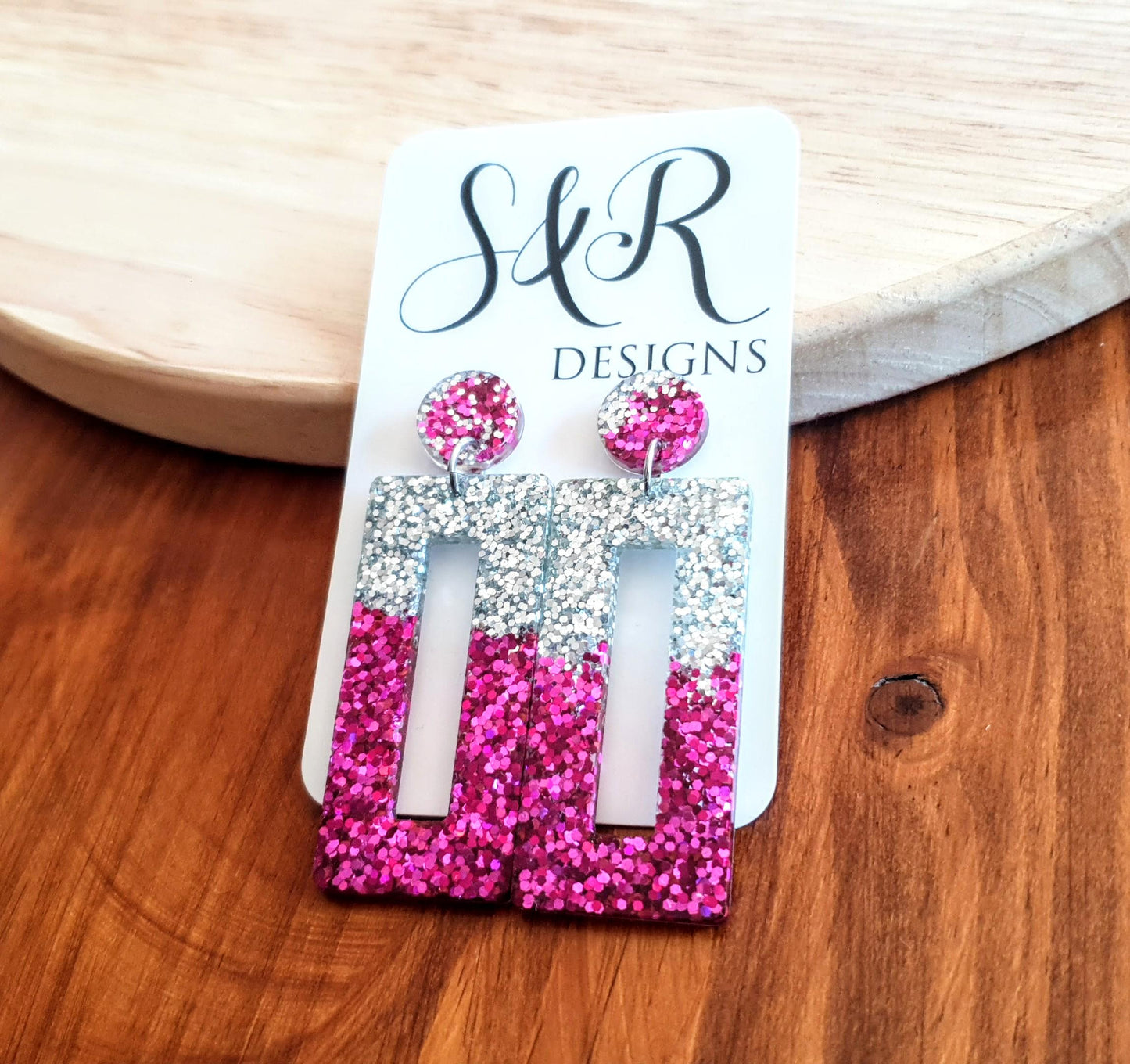 Pink Silver Rectangle Dangle Earrings, Sparkly Glitter Resin Handmade Dangle Statement Earrings, Custom order welcomed for different colour