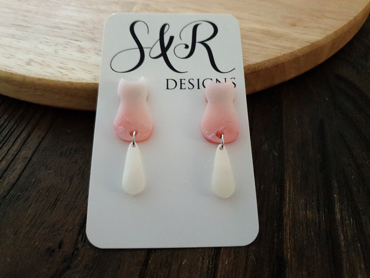 White Blush Cat Dangle Earrings, Cat with Moving Tail Long Earrings, Silver Handmade Resin Earrings, Cat Earrings Stainless Steel.